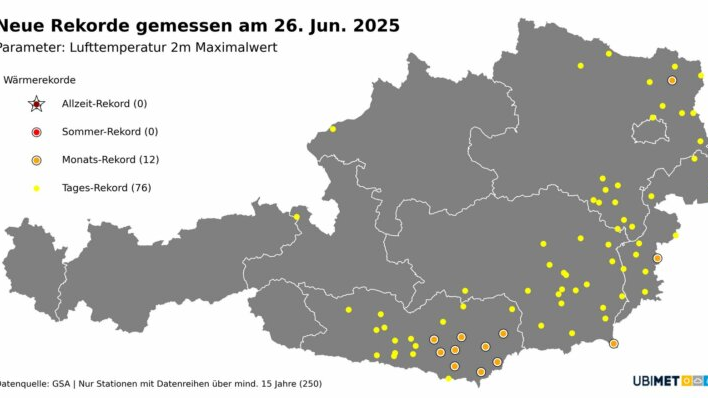 An 76 Stationen (gelb) wurden am Donnerstag Temperatur-Tagesrekorde verzeichnet, an 12 Stationen (orange) gar Monatsrekorde! 