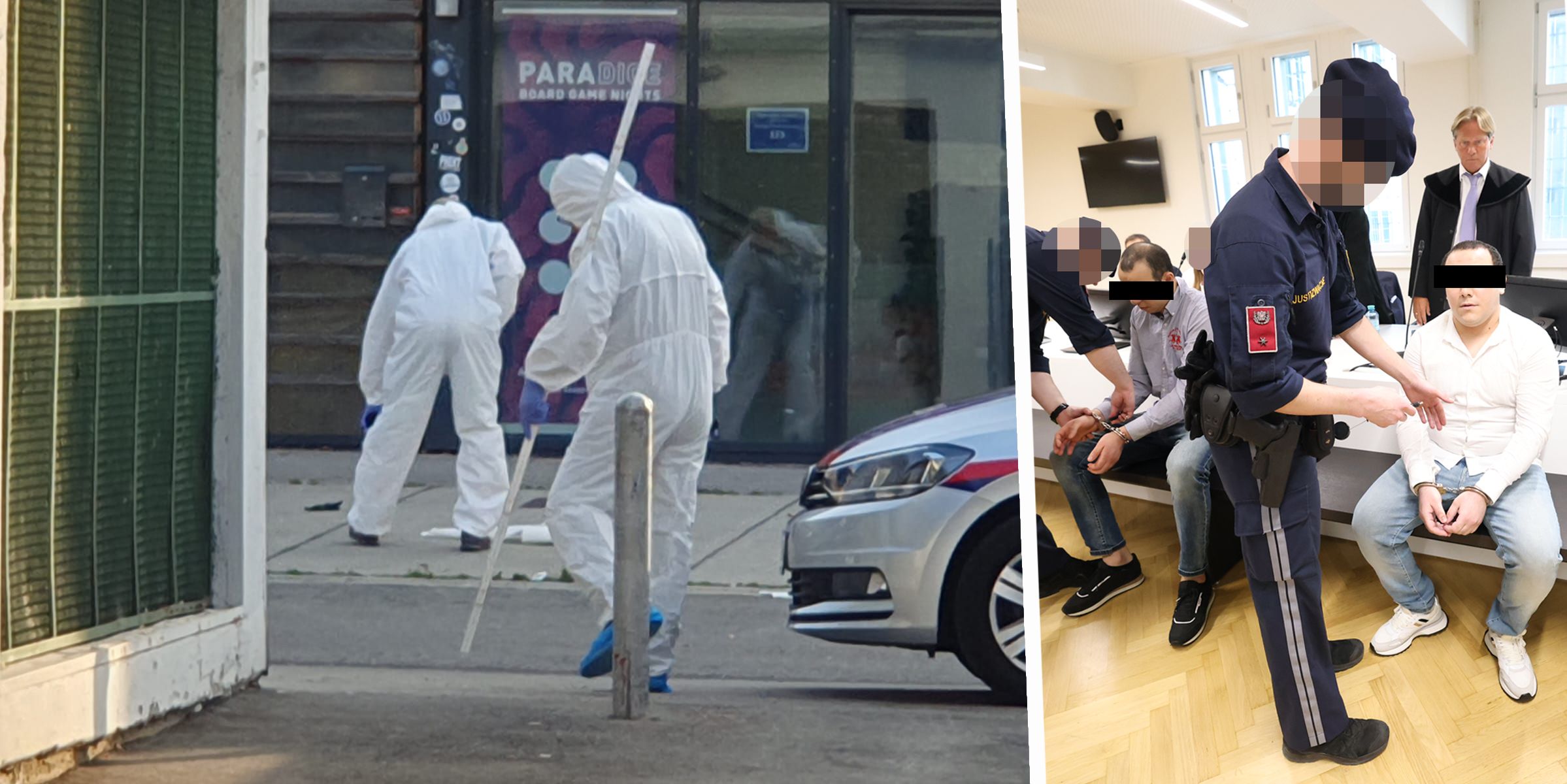 Links: Tatort am Yppenplatz – Spurensicherung im Einsatz. Rechts: Die beiden Angeklagten bei Prozessbeginn, im Hintergrund Verteidiger Alexander Philipp.