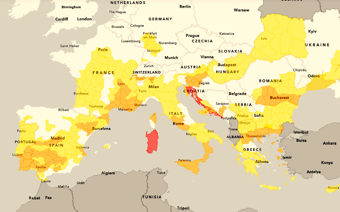 Hotspots: Sardinien und Teile Kroatiens sind derzeit Europas Hitzepole.