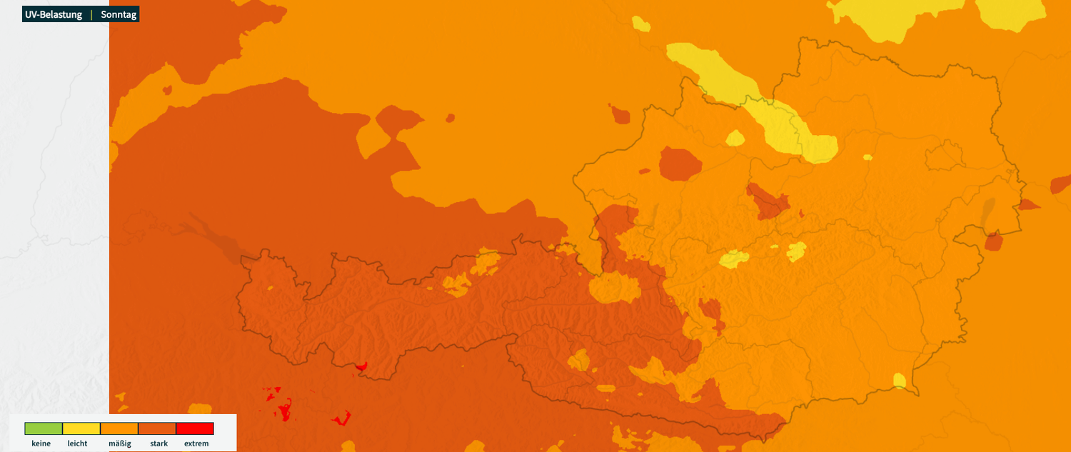 Prognose: Sehr starke UV-Belastung in Westösterreich, hohe Belastung im Rest von Österreich.