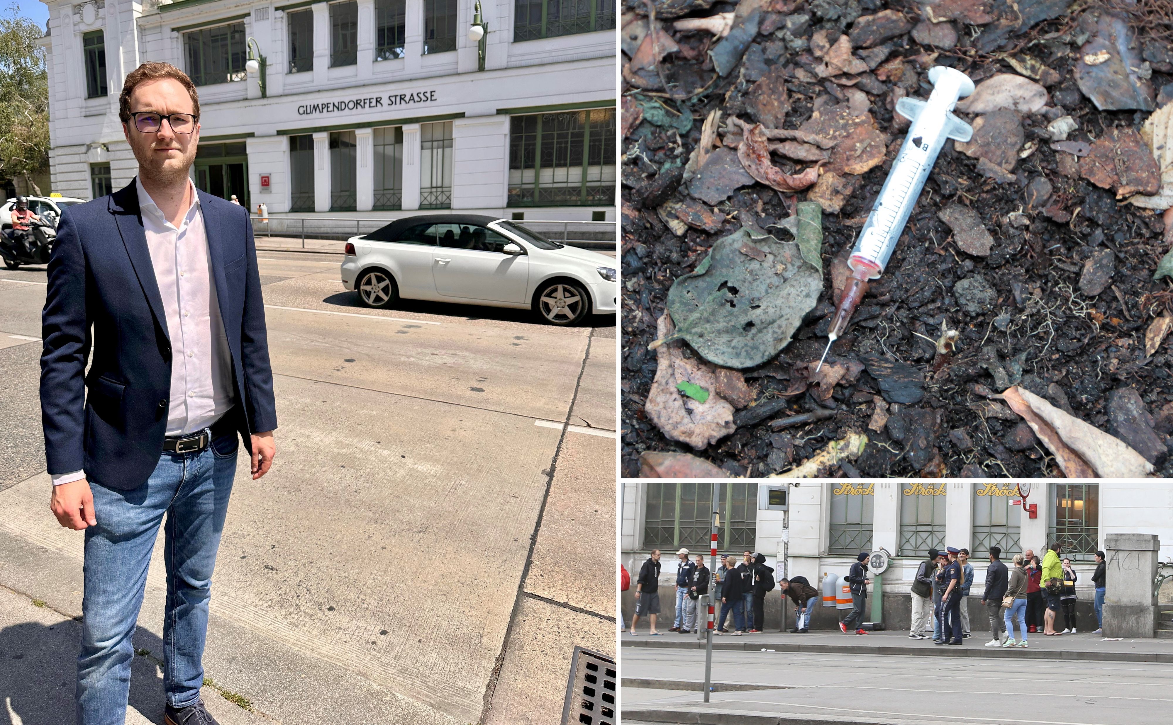 Drogen-Hotspot Gumpendorfer Straße: Bezirksrat Felix Ofner (ÖVP) fordert Maßnahmen – vor Ort häufen sich Spritzenfunde und Szenen offener Sucht.
