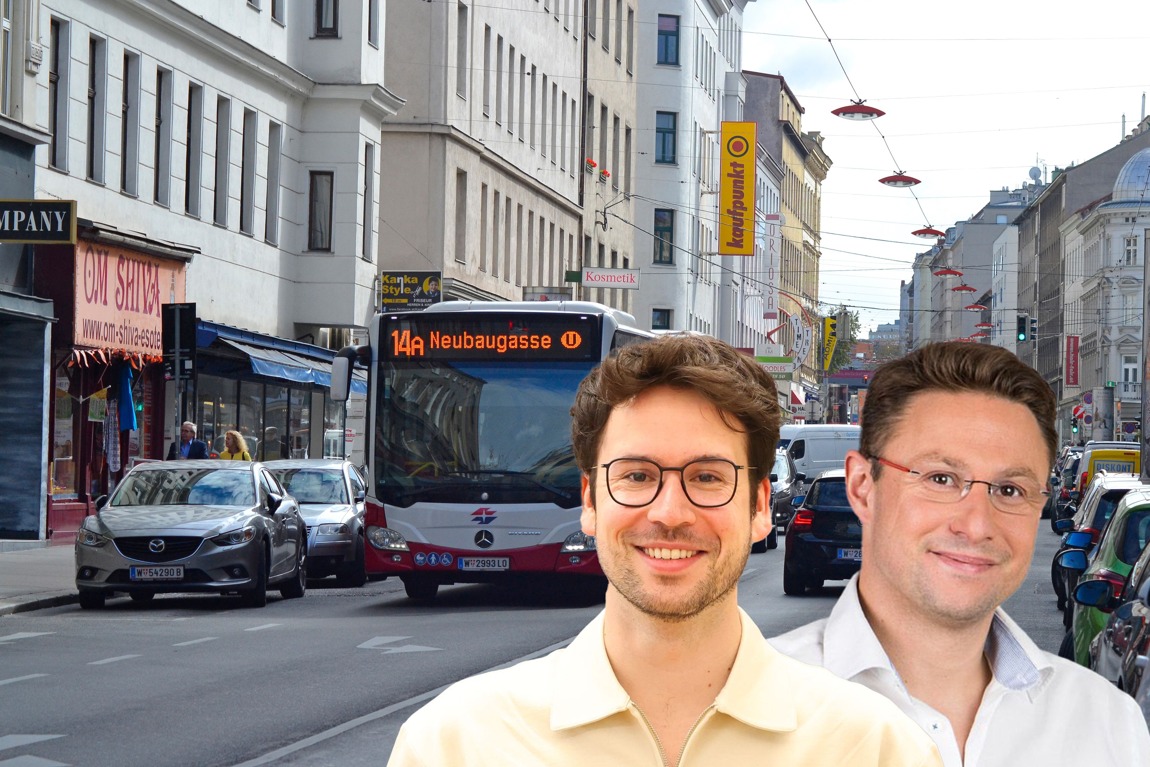 Grünen-Bezirksvorsteher Michael Luxenberger (links) lehnt das Anrainerparken ab – SPÖ-Vize Christoph Lipinski (rechts) fordert die Umsetzung des Mehrheitsbeschlusses in Margareten.