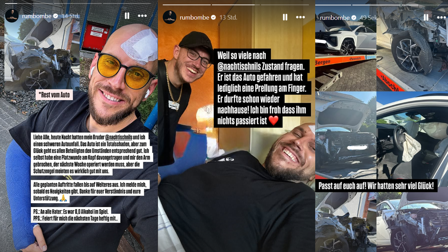 In seiner Instagram-Story zeigt Rumbombe auch das vom Unfall zerstörte Auto.