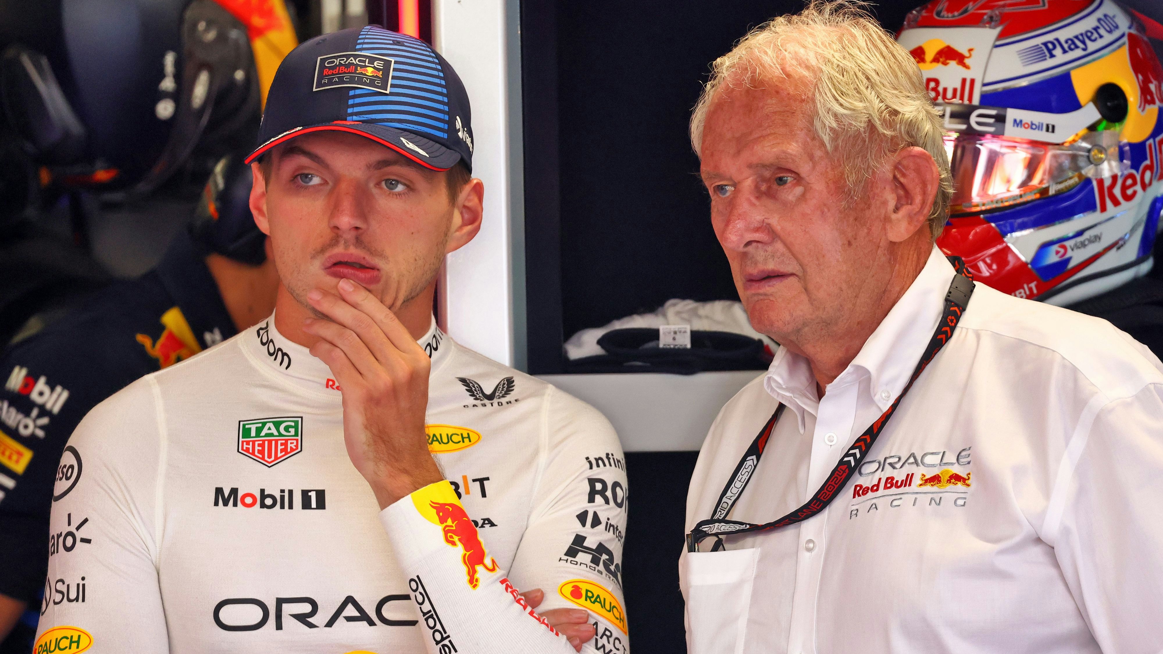 Fragezeichen auf den Gesichtern von Max Verstappen und Helmut Marko.
