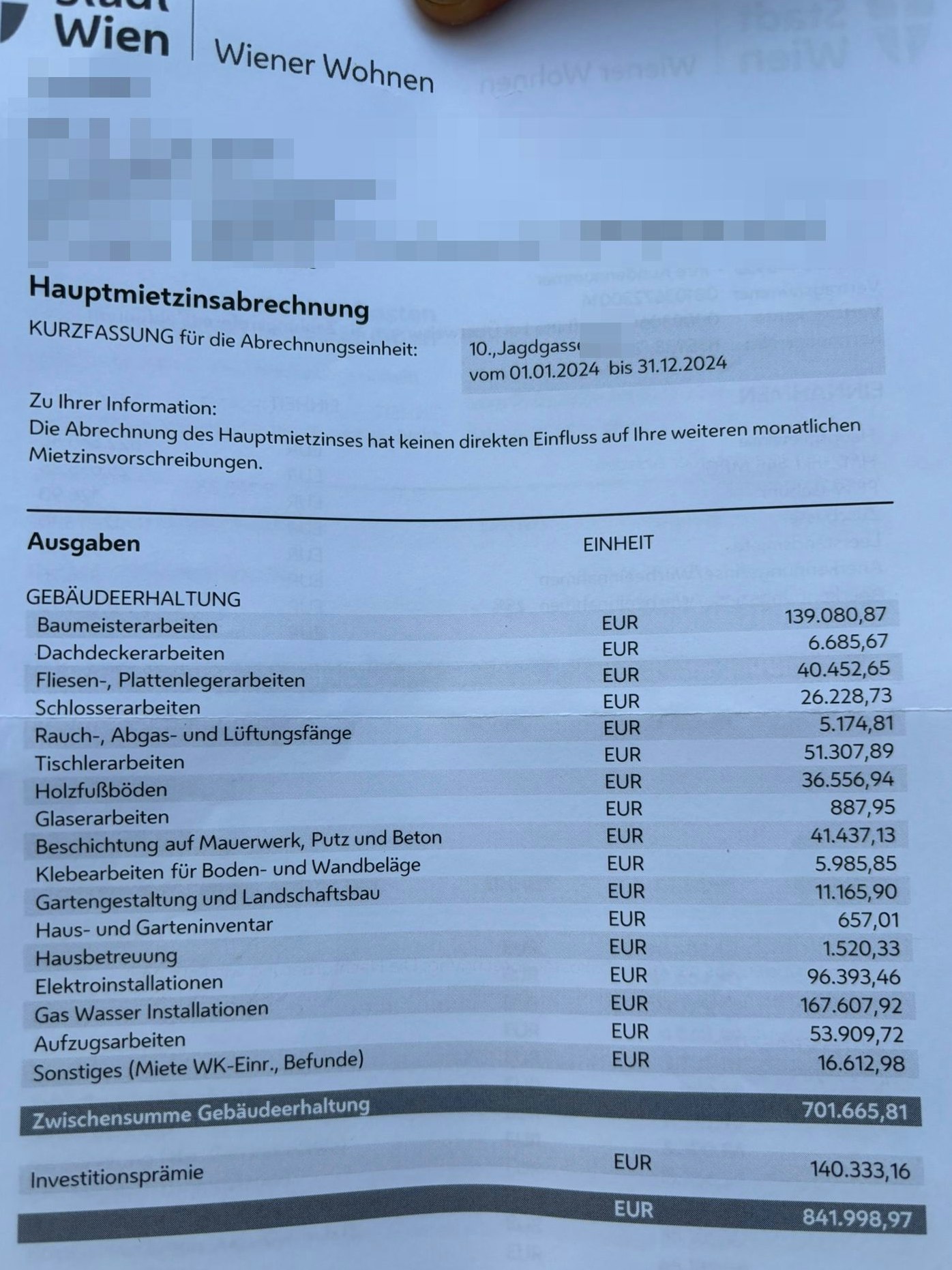 In der Jagdgasse sorgt die Hauptmietzinsabrechnung für Verwunderung unter den Mietern.