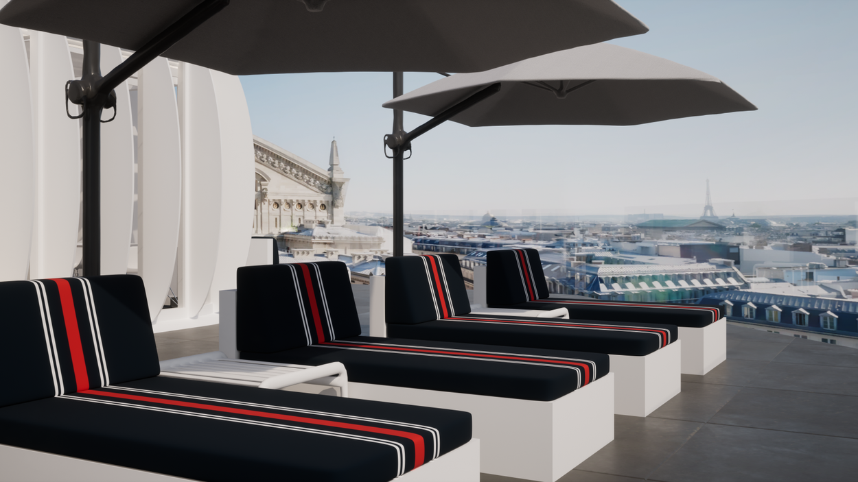 Nach dem Schlemmen kann man sich auch ausstrecken. Auf Sonnenliegen, die natürlich ganz in den Farben von Air France gehalten sind.