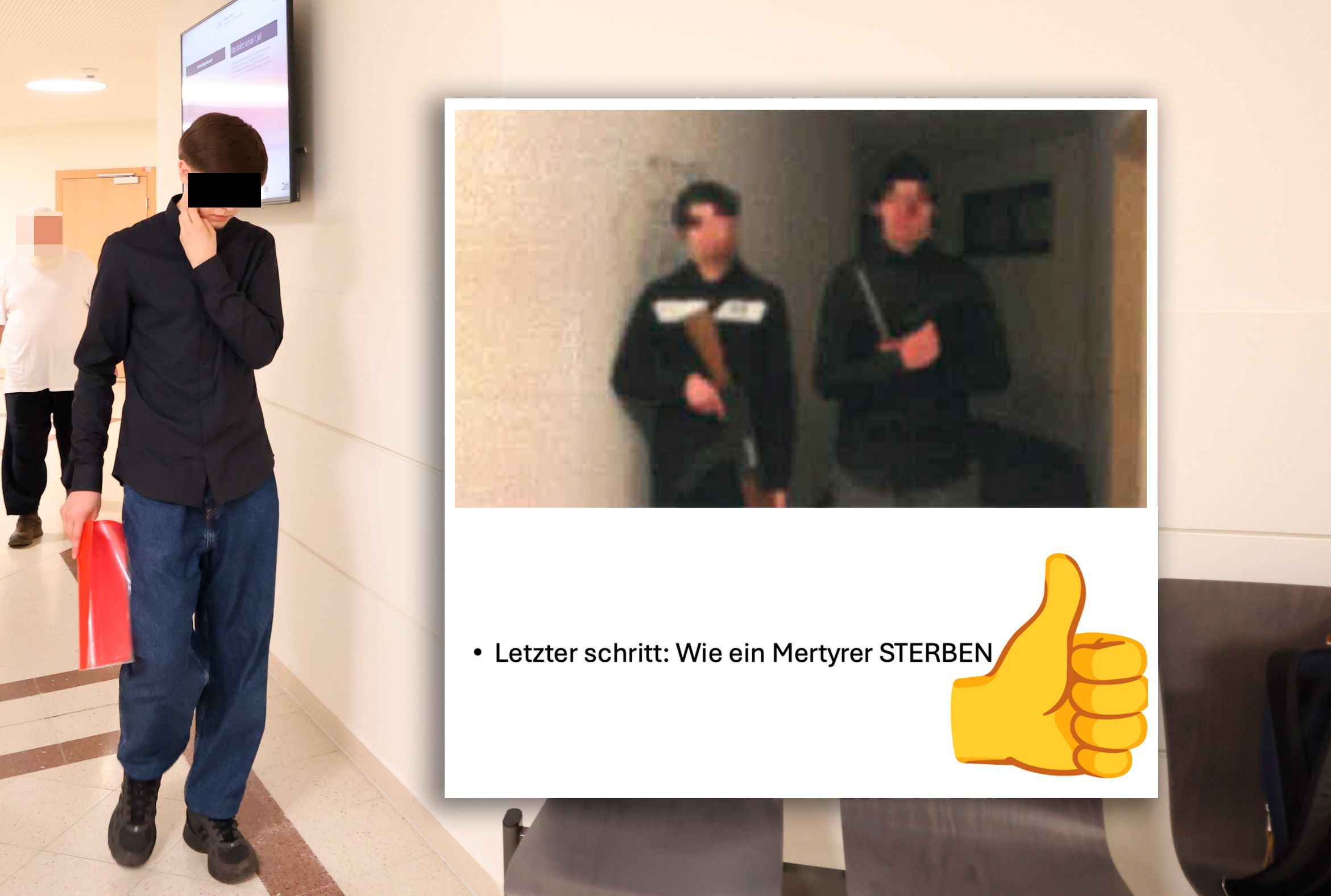 Terror-Prozess am Wiener Landesgericht: Der junge Terrorverdächtige vor Gericht und im Video: Darunter das verfasste Dokument, das seinen mutmaßlichen Terror-Plan dokumentiert.