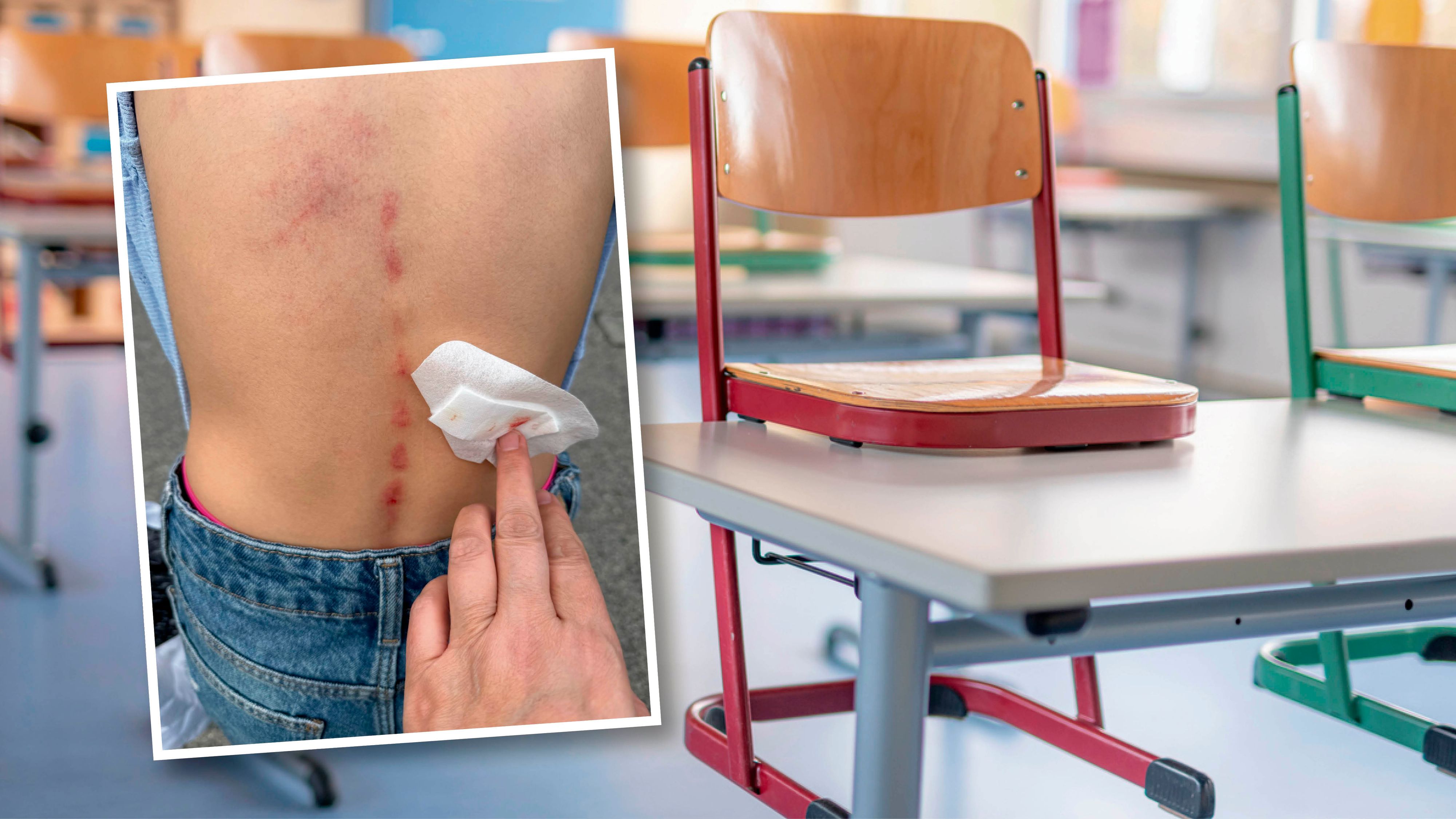 Aufnahme von verletzter Schülerin, die sich auf der Toilette versteckt hatte.