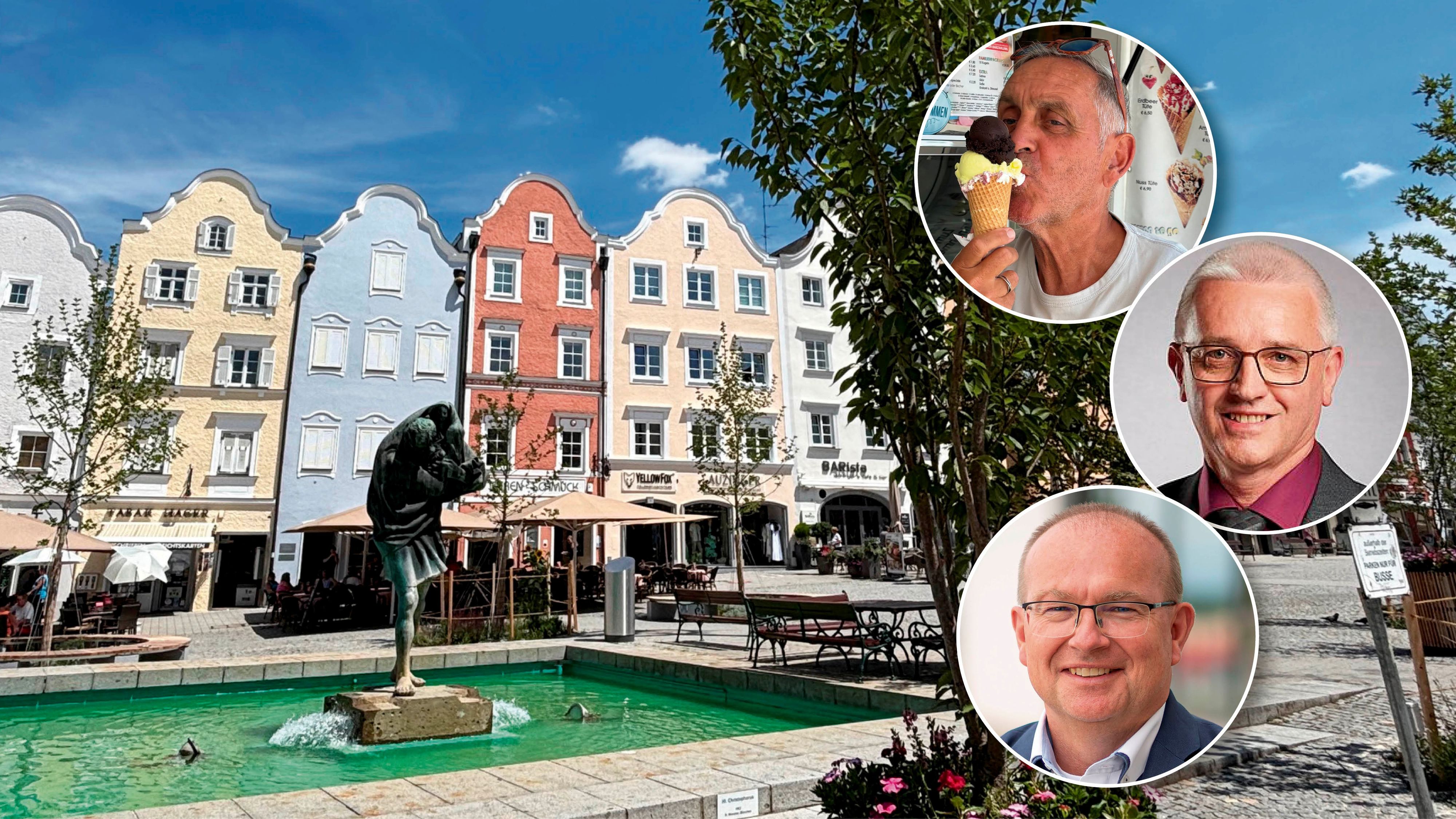Bürgermeister der drei Gemeinden, in denen am Mittwoch ein Hitzeredkord fällt (im Uhrzeigersinn): Günter Streicher (Schärding), Franz Hofmann (Feldkirchen) und Johannes Waidbacher (Braunau). Im Bild: Stadtplatz Schärding