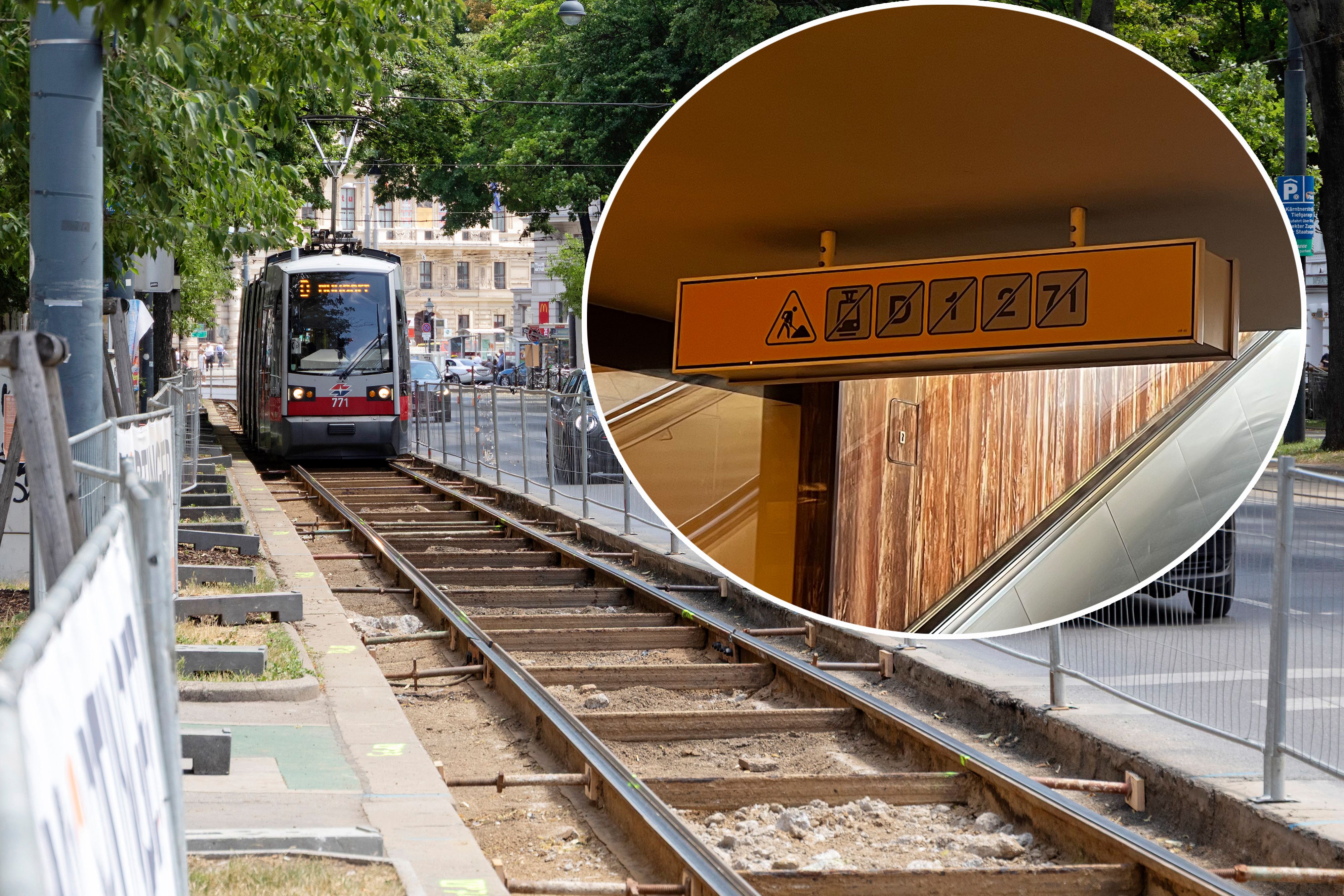 Gleisbau am Kärntner Ring: Die Linien 1, 2, D und 71 fahren hier bis August nicht mehr. Fahrgäste müssen auf U-Bahn und Ersatzrouten ausweichen.