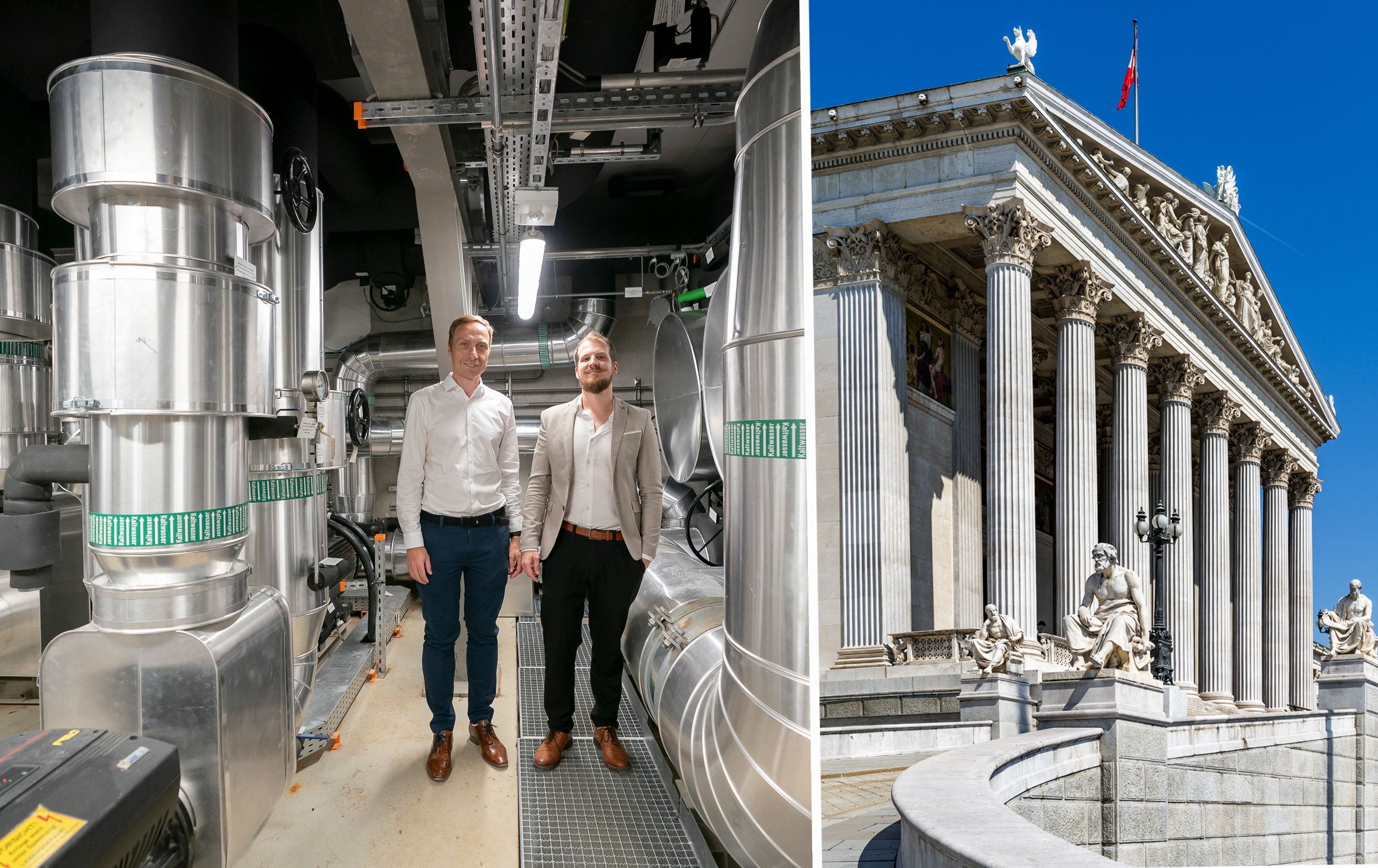 Links: Georg Geißegger (Wien Energie) und Michael Nassberger (Projektleiter) in der Fernkältezentrale unter der Alten Post. Rechts: Auch das Parlament wird jetzt mit umweltfreundlicher Fernkälte versorgt.