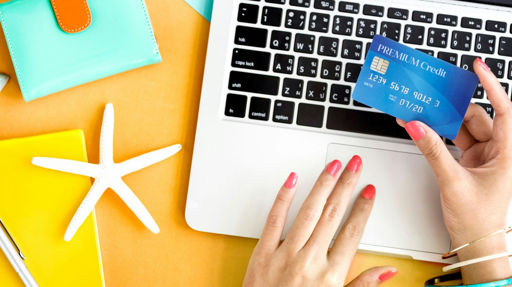 Computer Table Hands Girl Credit Card Concept