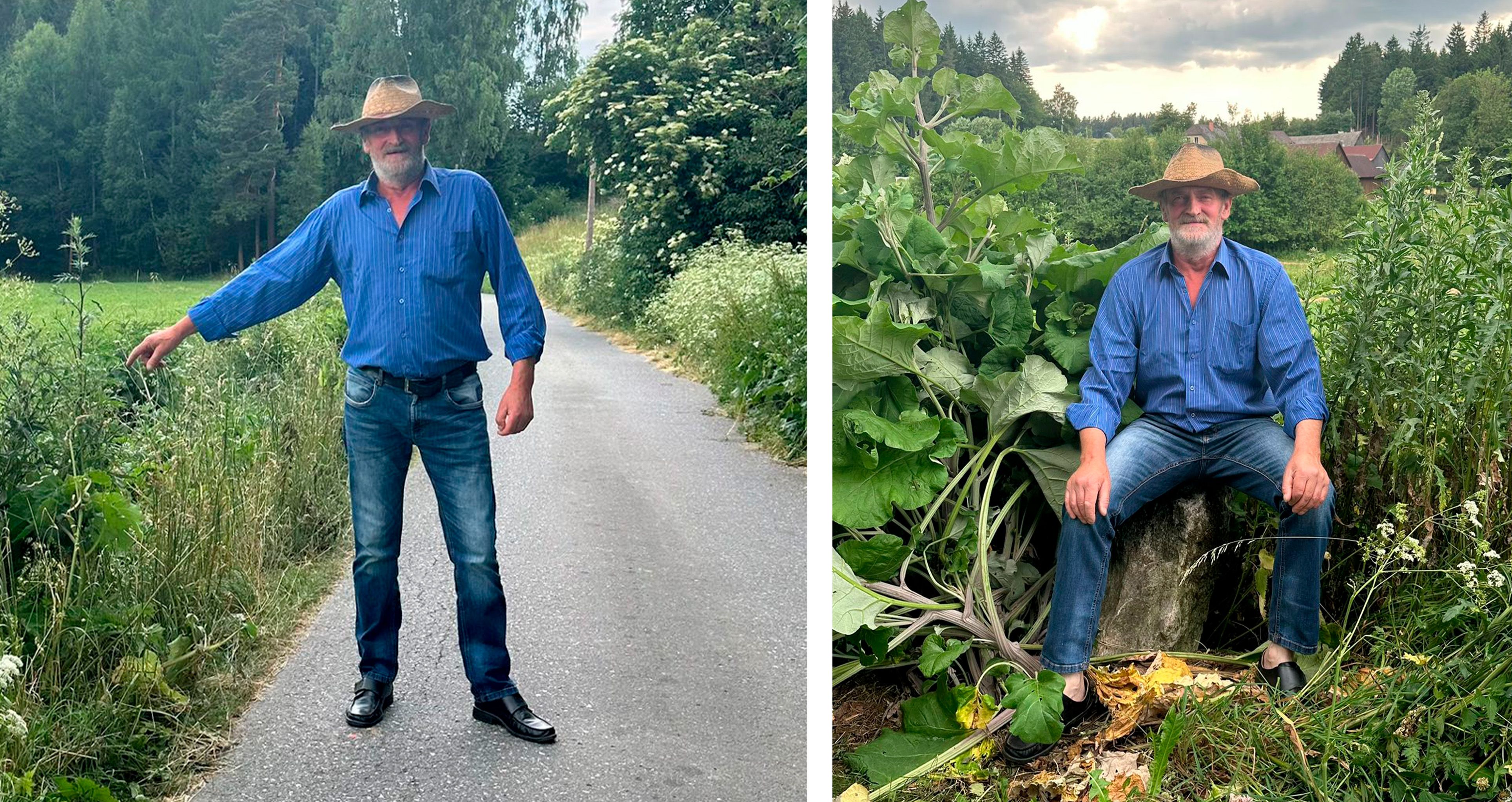 Josef W. auf dem Weg vor zu seinem Grundstück und sitzend am besagten Grenzstein.
