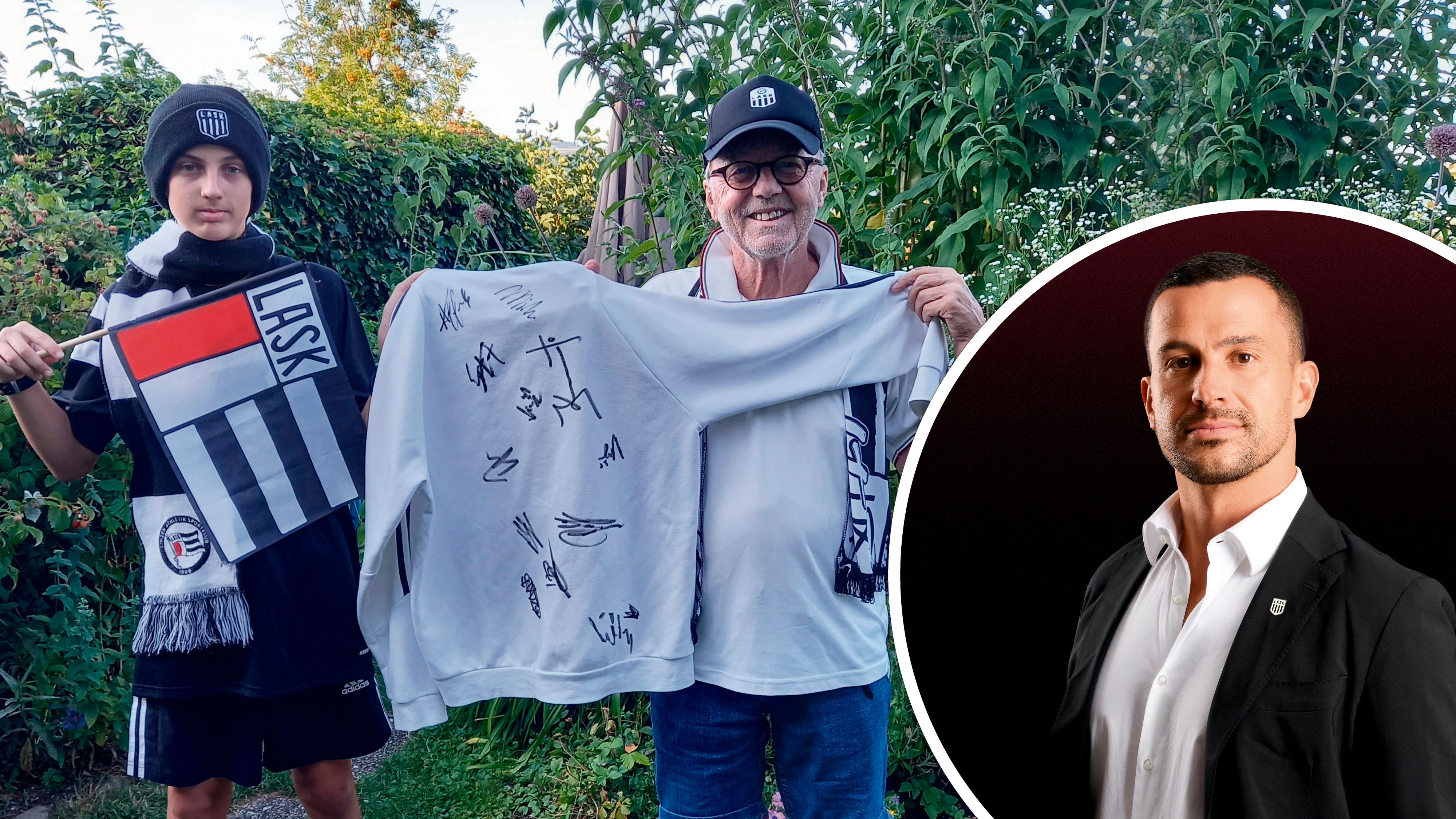 Große Freude für Fabian (links) und seinen Opa: Der neue LASK-Trainer João Sacramento (ganz rechts im Bild) erfüllt ihm seinen Autogrammwunsch.