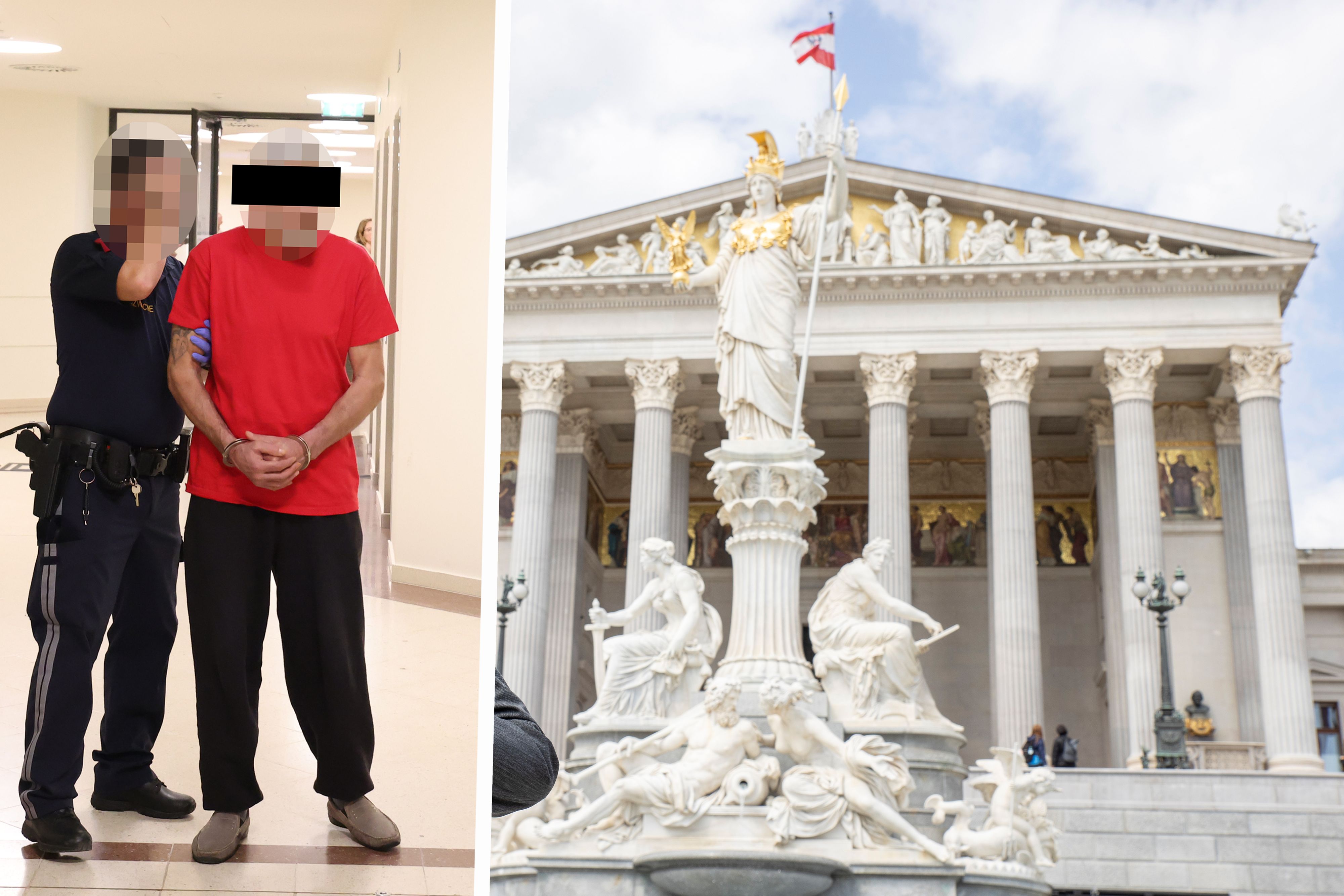 Links wird Tibor C. (66) im Landesgericht Wien abgeführt, rechts der Ort der blutigen Attacke: das Parlament, vor dem der Obdachlose auf einen Schlafenden einstach.