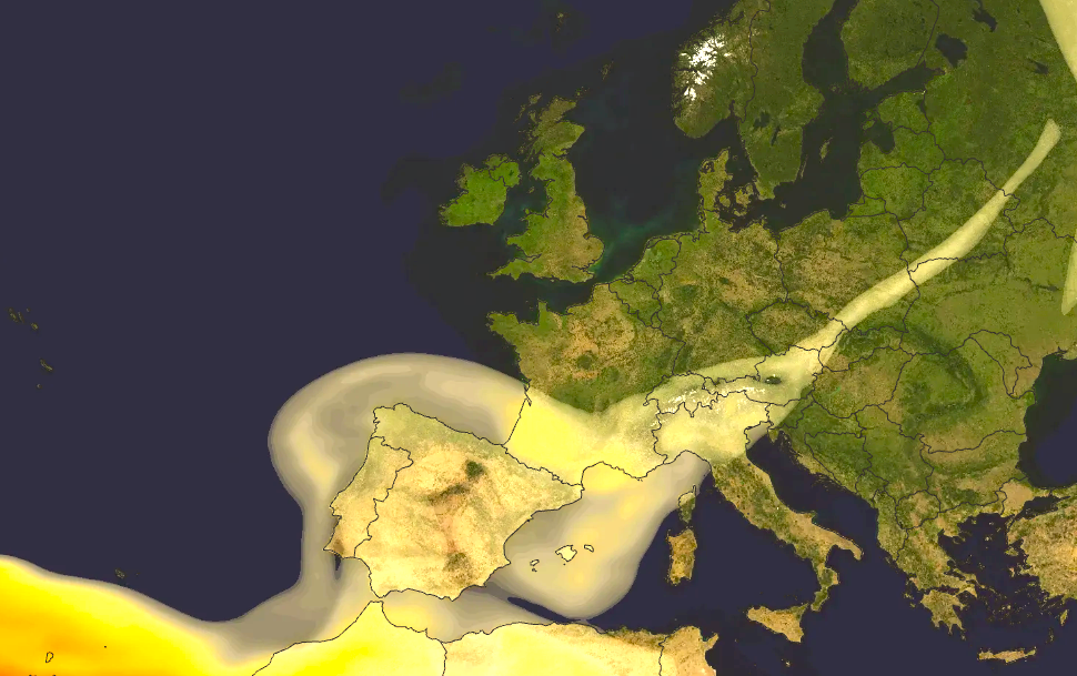Bizarre Form: Ein lanzenförmiger, heißer Luftstrom schließt Österreich komplett ein und bringt Wüstensand ins Land.