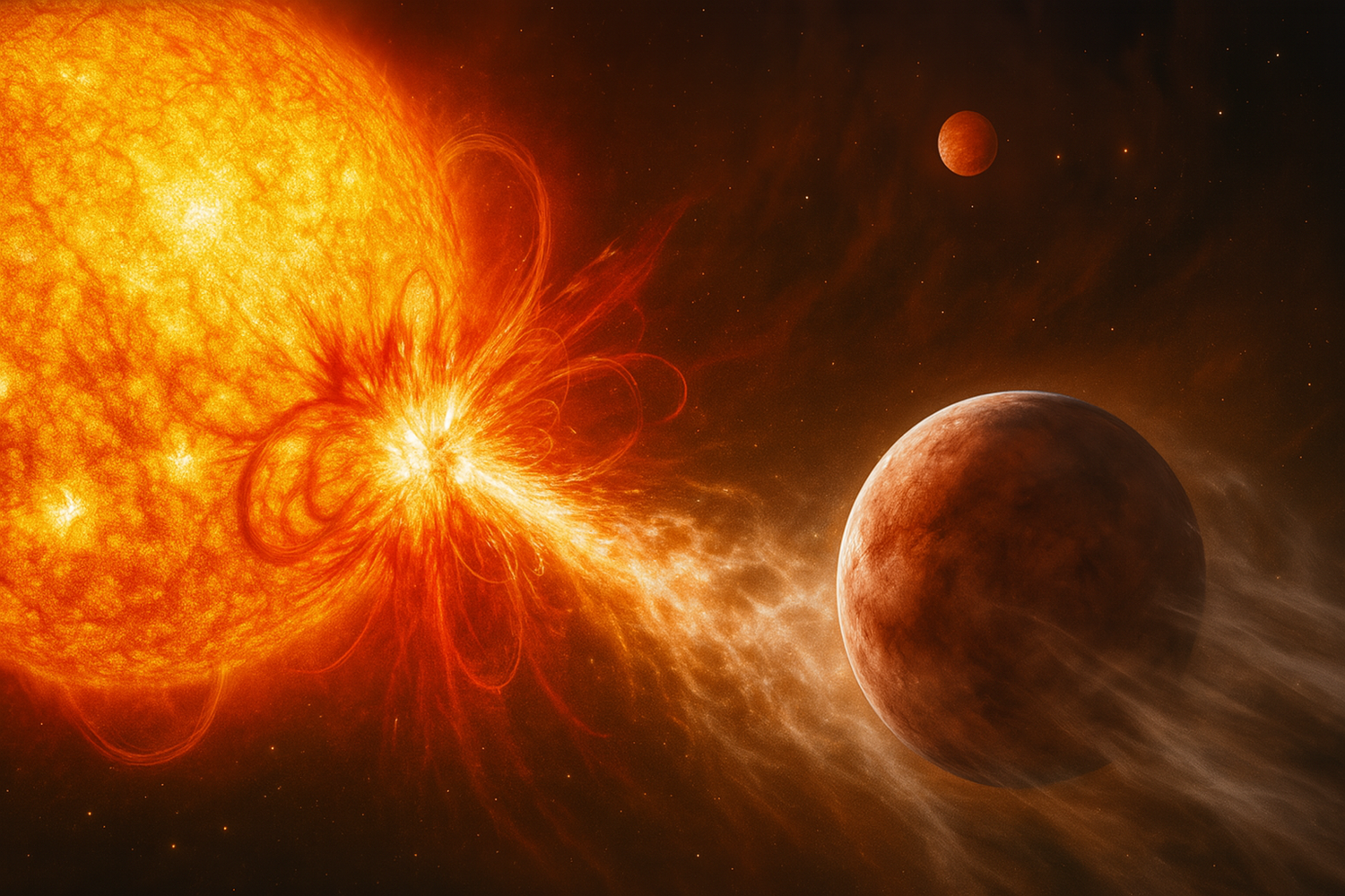 So stellt sich die Künstliche Intelligenz den Exoplaneten HIP 67522 b und dessen Sonne vor.