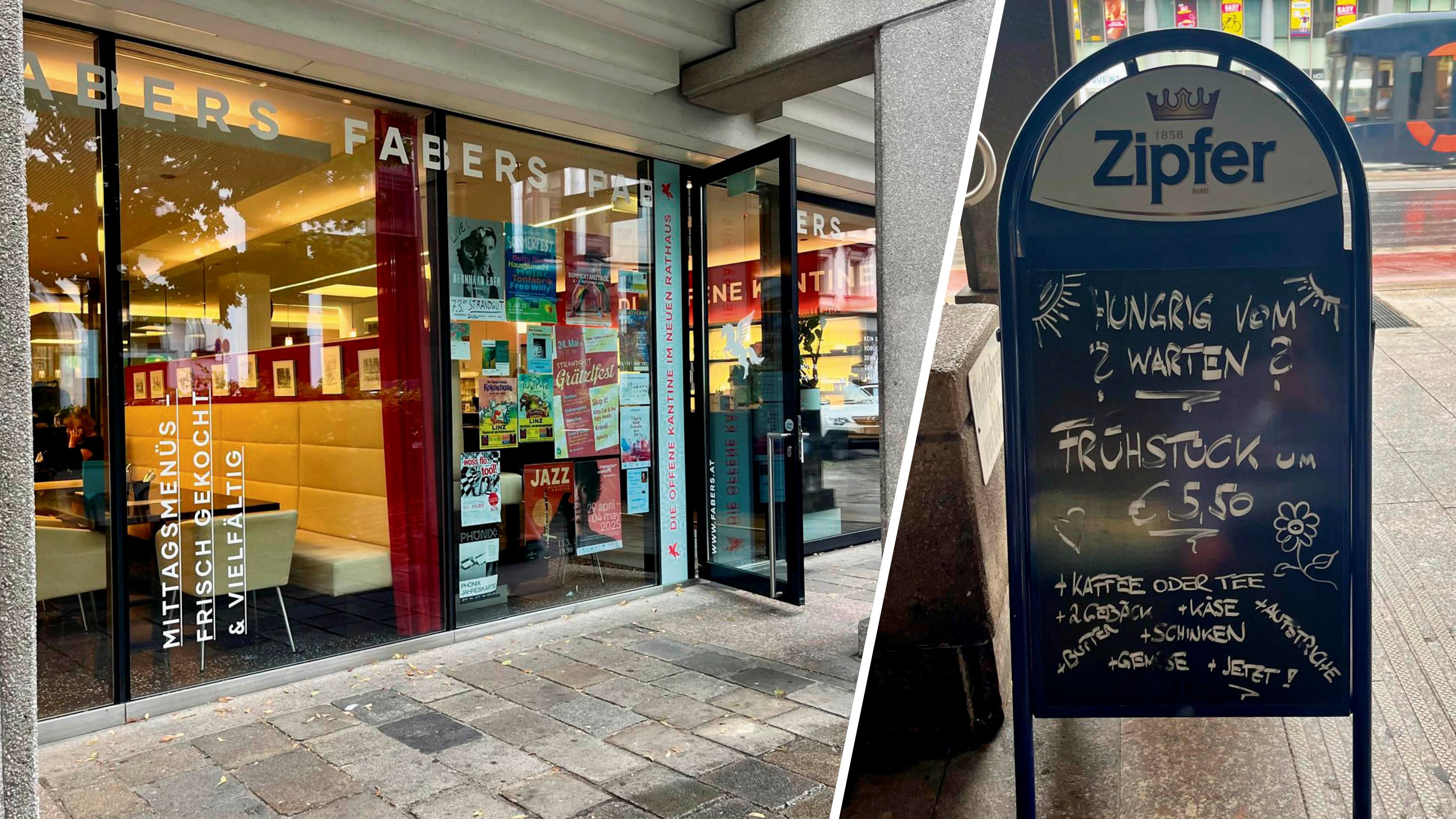 Das Lokal Fabers im Neuen Rathaus Linz bietet ein preiswertes Frühstück um 5,50 Euro an.