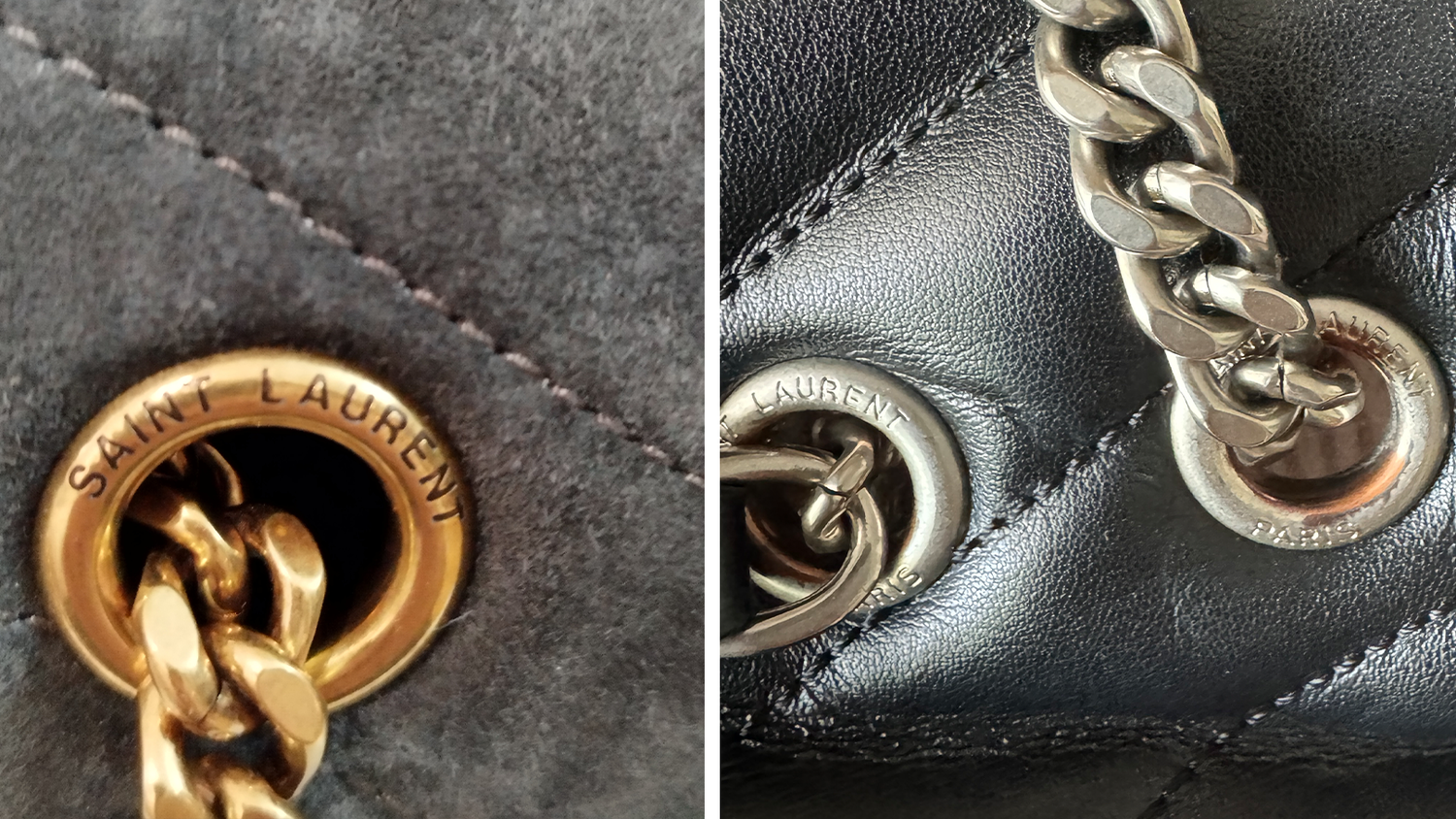 Metallbeschläge einer Saint-Laurent-Tasche. Links echt, rechts gefälscht.