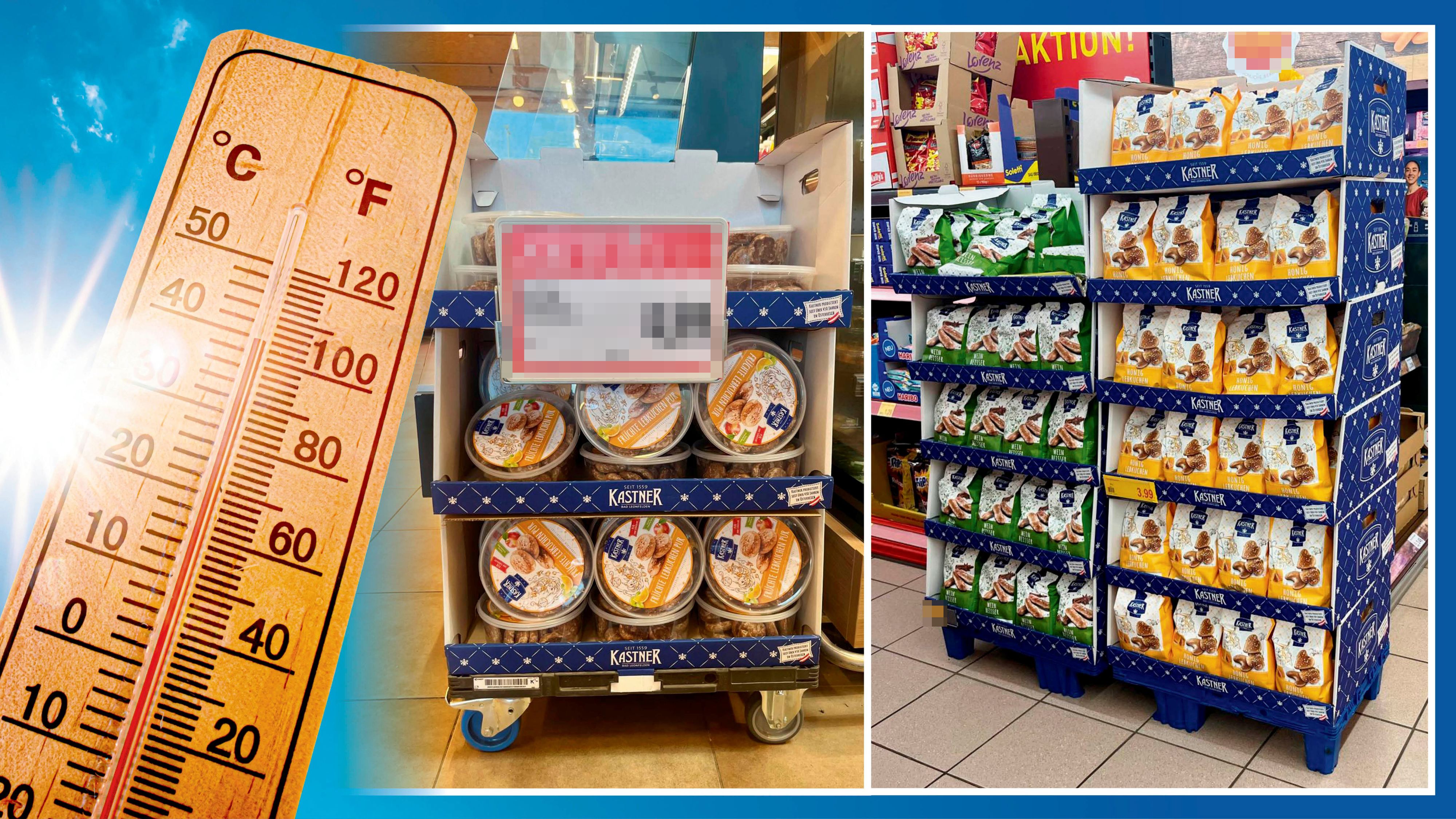 Das bei zum Teil knapp 40 Grad: In den Supermarkt-Regalen stapelt sich schon wieder Lebkuchen.