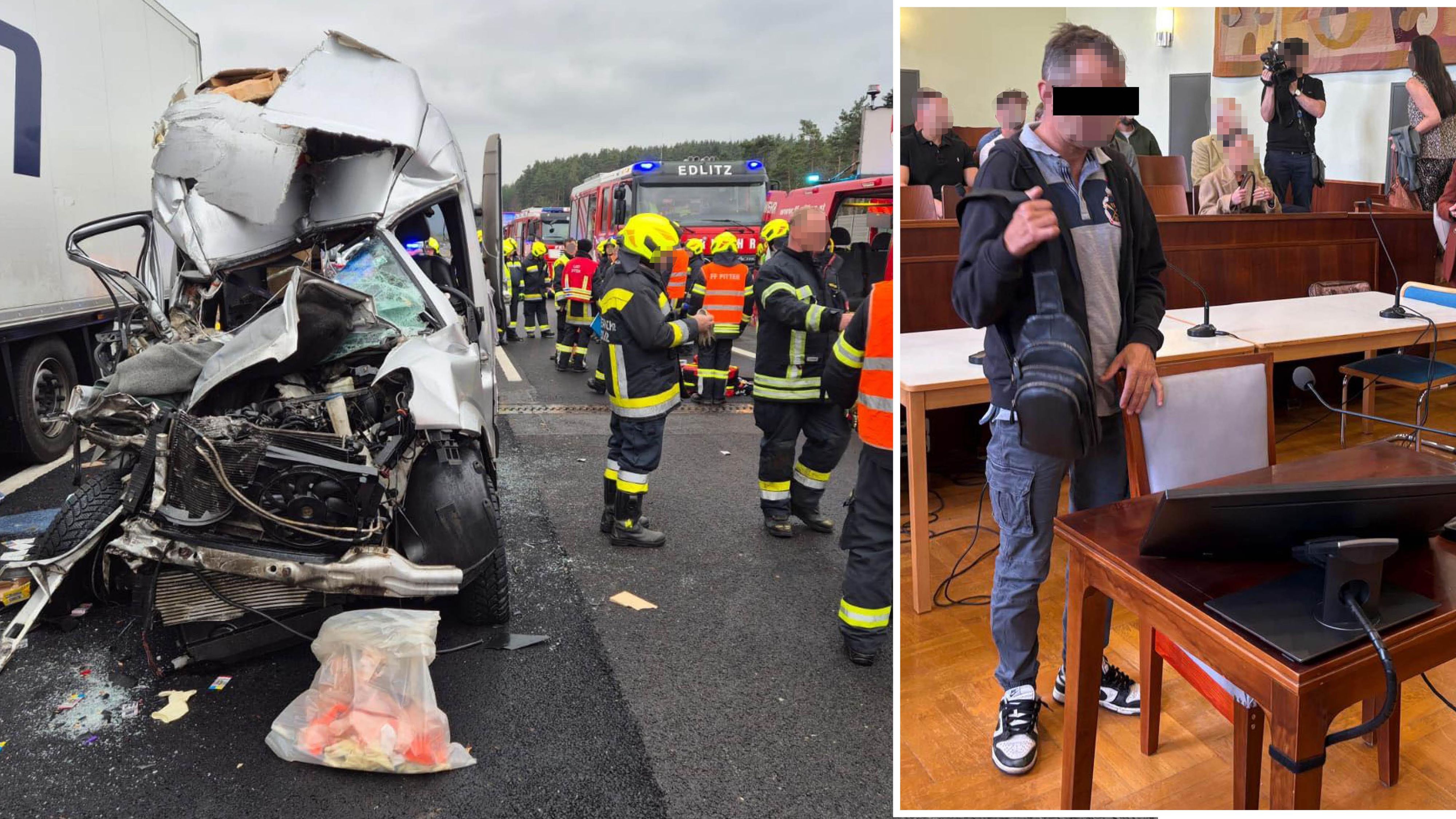 Nach dem Unfall mit fünf toten Frauen (l.) stand am Mittwoch, 9. Juli, der Fahrer des Kleinbusses in Wr. Neustadt vor Gericht (r.).