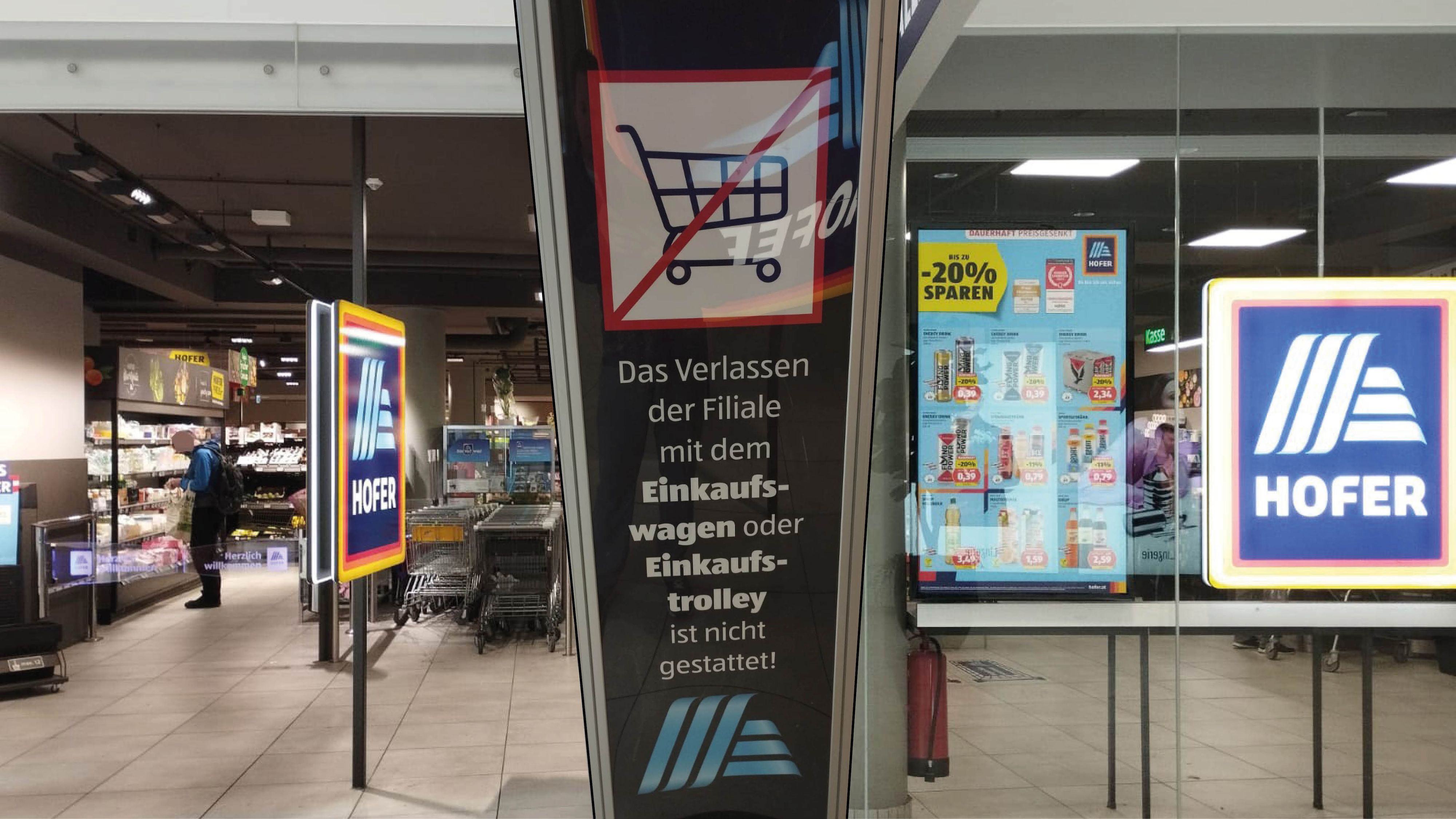 Die Lebensmittelkette Hofer appelliert an ihre Kunden, die Einkaufswagerl nicht mit raus zu nehmen. Im Bild: Filiale in der Linzerie