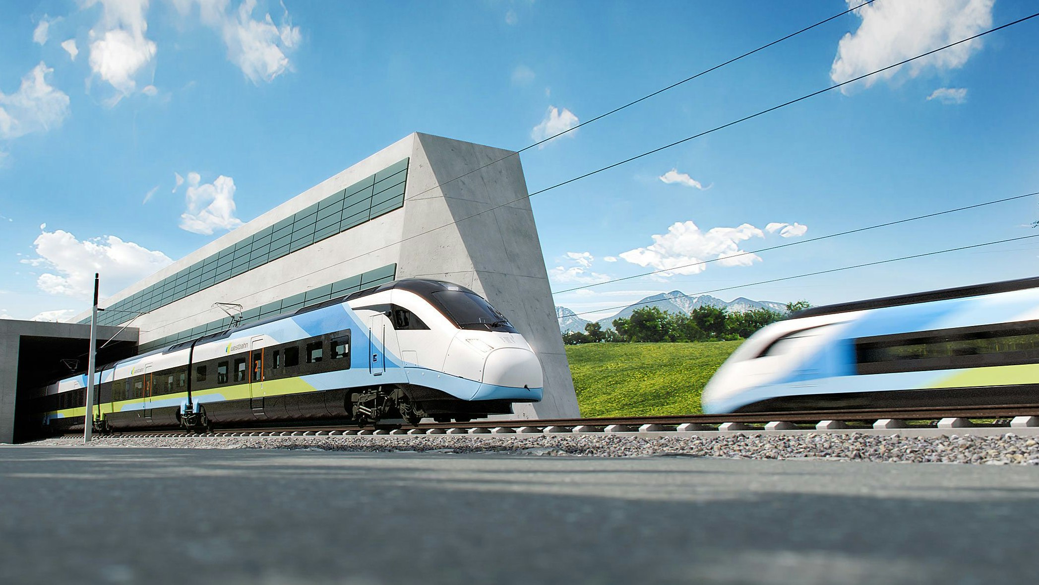 Visualisierung: Westbahn-Garnituren auf der neuen Koralm-Hochleistungsstrecke. Die wird im heurigen Dezember für den Personenverkehr freigegeben und erlaubt Zugfahrten mit bis zu 250 km/h.