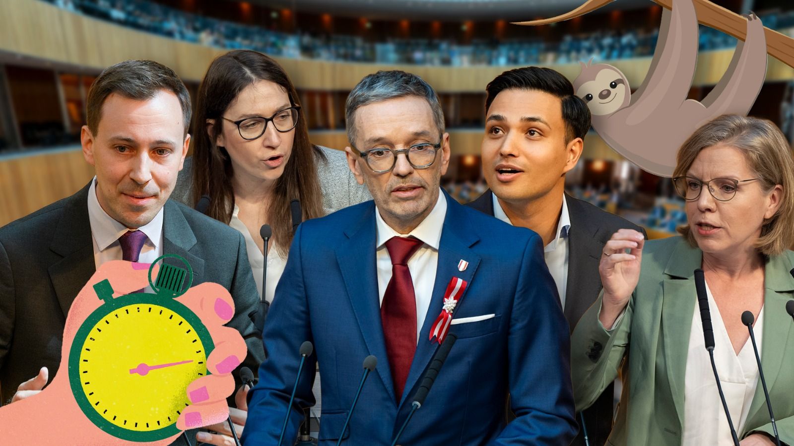 Nico Marchetti, Julia Herr, Herbert Kickl, Yannick Shetty, Leonore Gewessler (v.l.) – Statistik zeigt, welche Abgeordneten im Parlament am meisten reden.