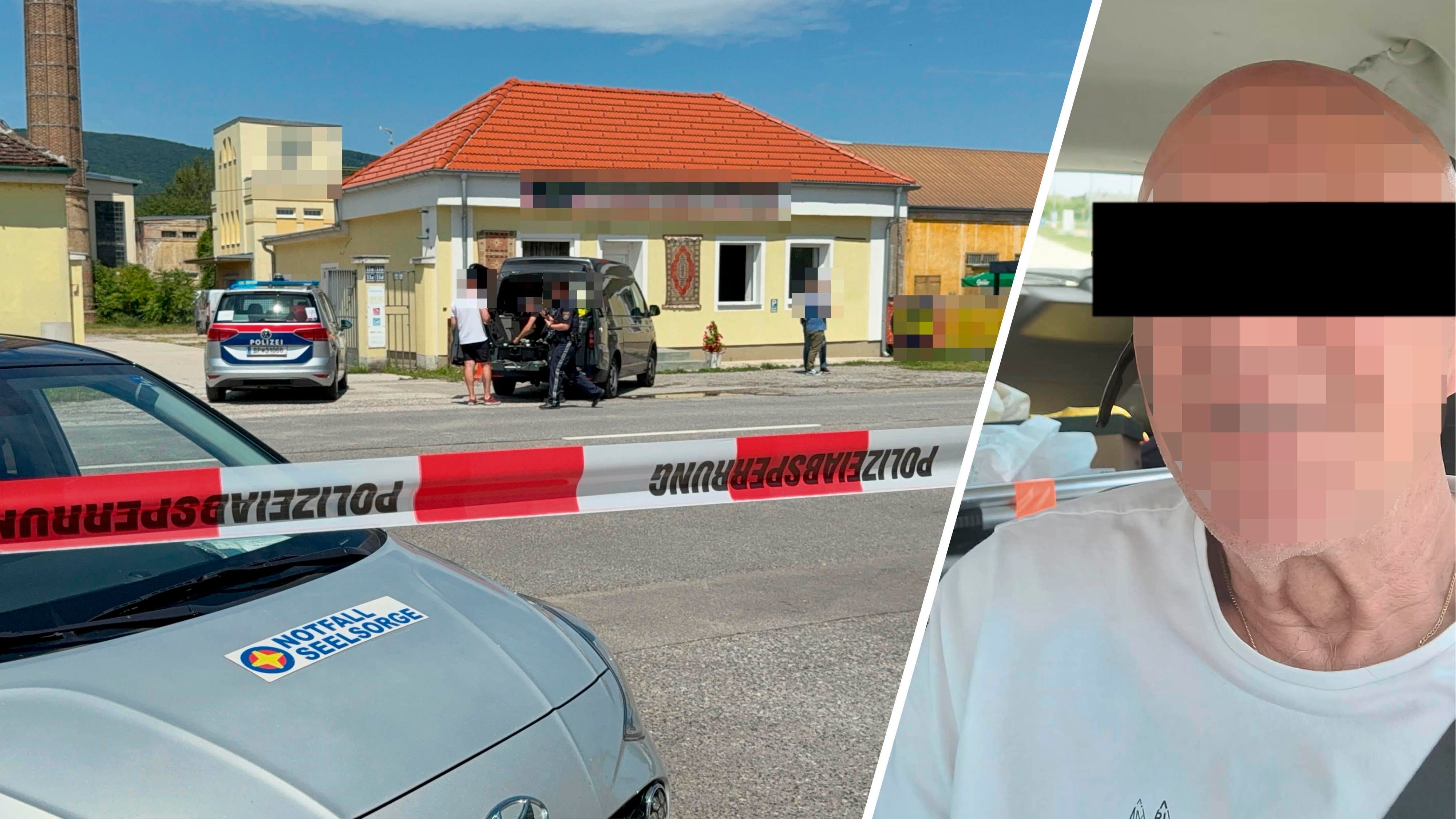 Der Tatort in Traiskirchen; der Tatverdächtige Josef P. (66) – die Tatwaffe soll er von einem Bekannten bekommen haben.