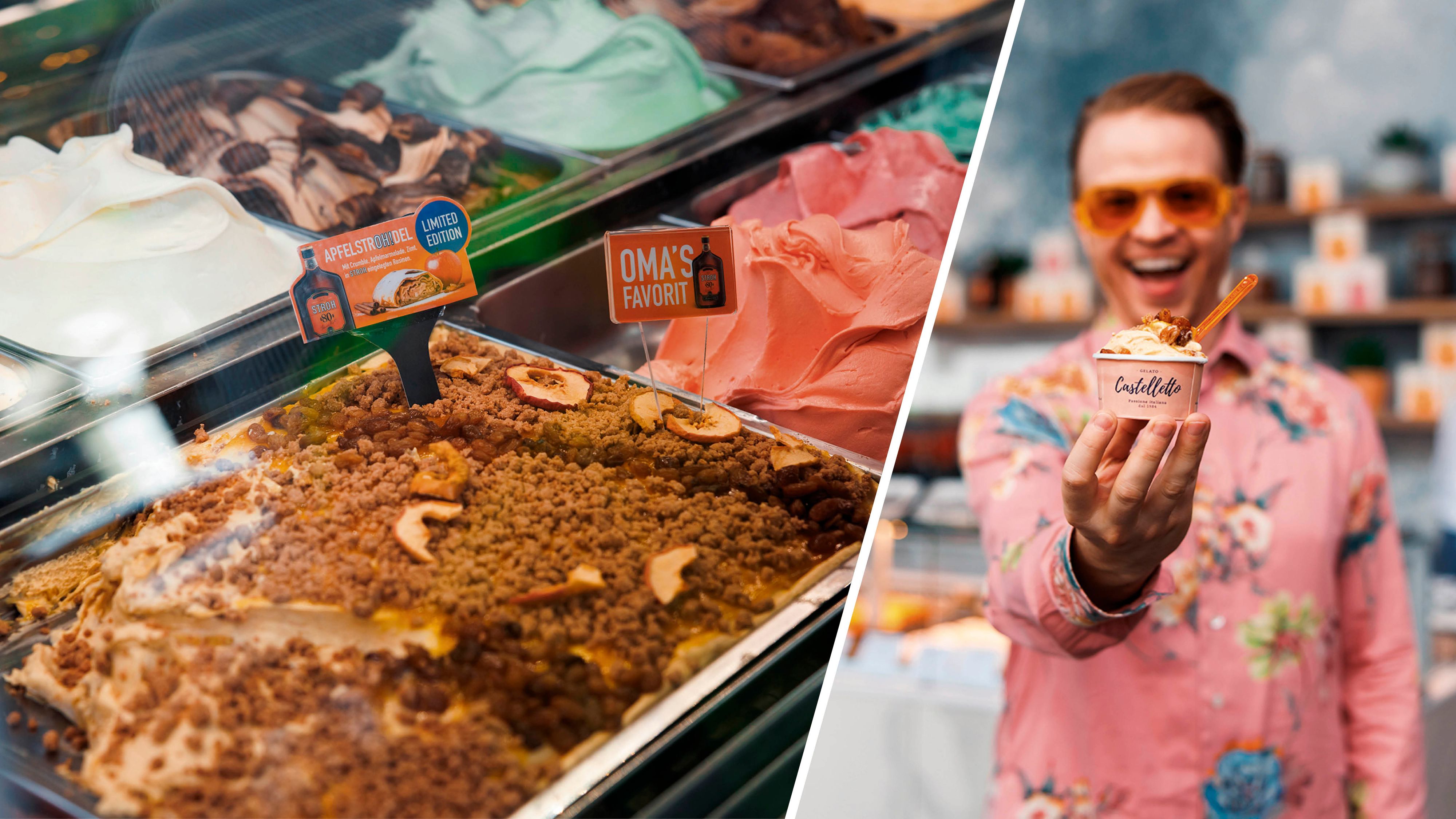 TV-Koch Julian Kutos (rechts) probiert das neue Apfelstrudel-Eis von 