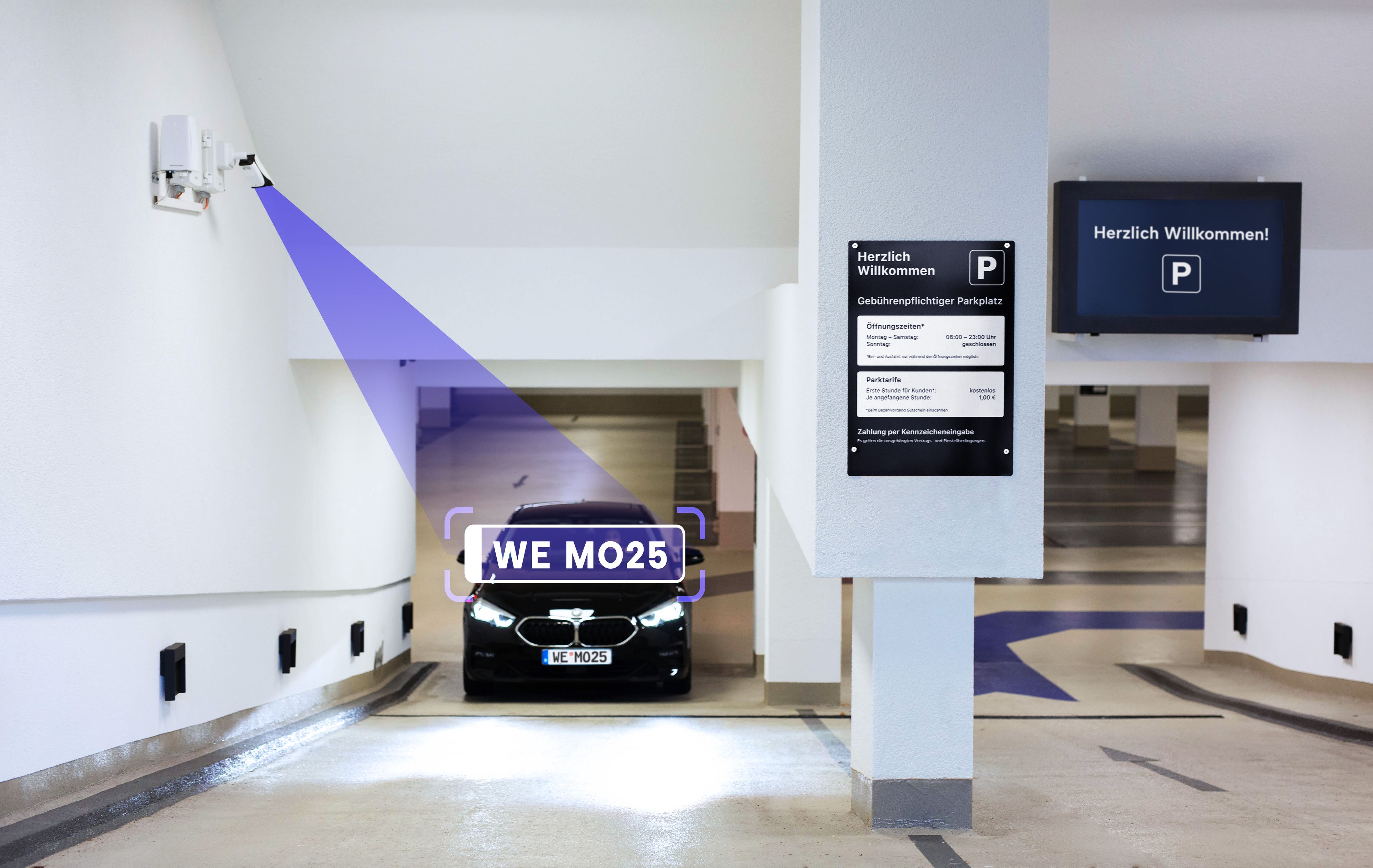 Die Parkplätze sind rund um die Uhr zugänglich, eine Kamera erkennt automatisch das Kennzeichen.