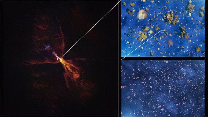 Diese Bilder zeigen, wie heißes Gas um den Baby-Stern HOPS-315 zu festen Mineralien kondensiert. Das Bild links wurde mit ALMA aufgenommen. Die zwei Einschübe zeigen künstlerische Eindrücke von Siliziummonoxid-Molekülen, die zu festen Silikaten kondensieren.