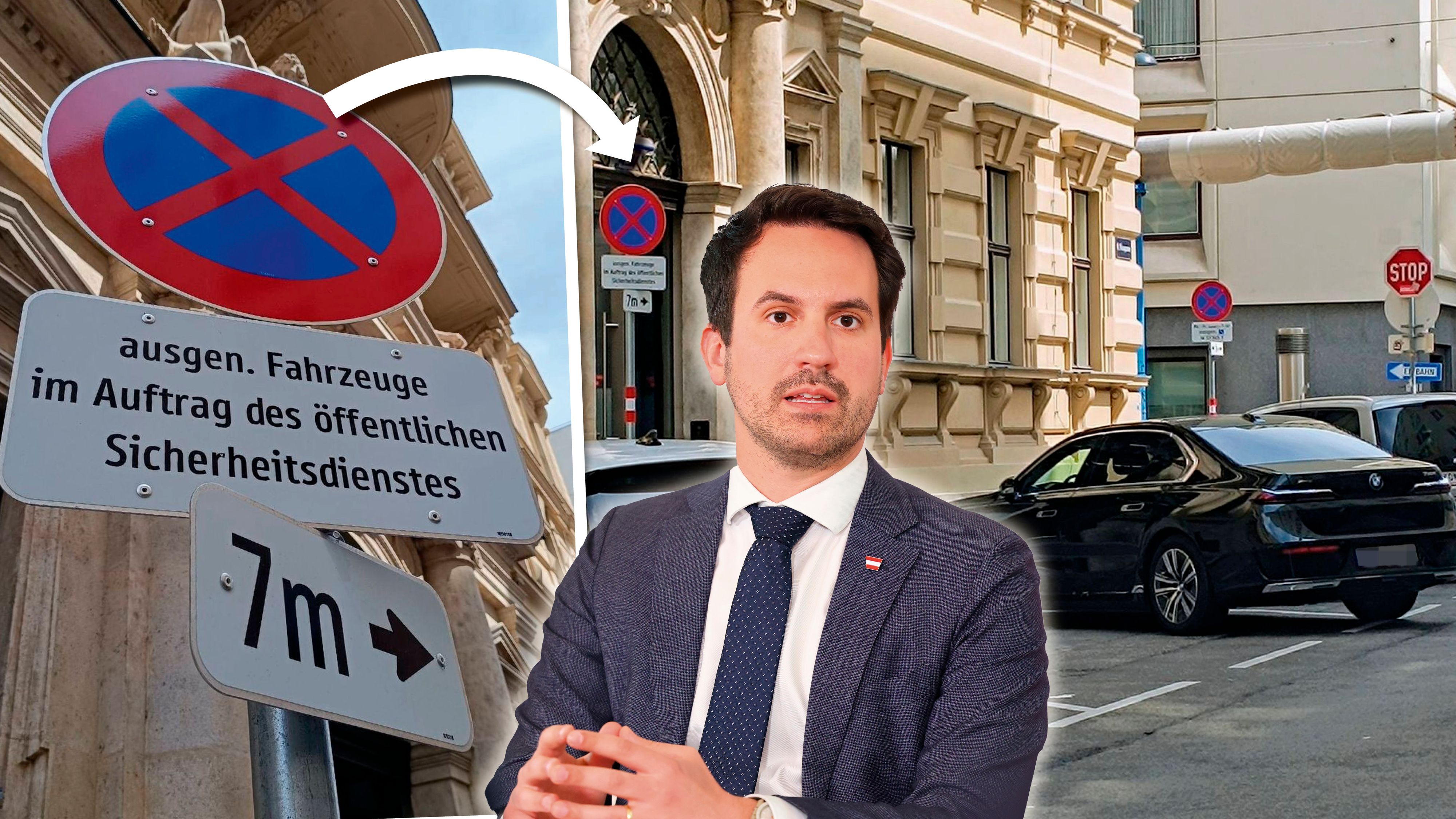 Bildungsminister Wiederkehr stellt seinen BMW trotz Parkverbots direkt vor dem Ministerium ab.