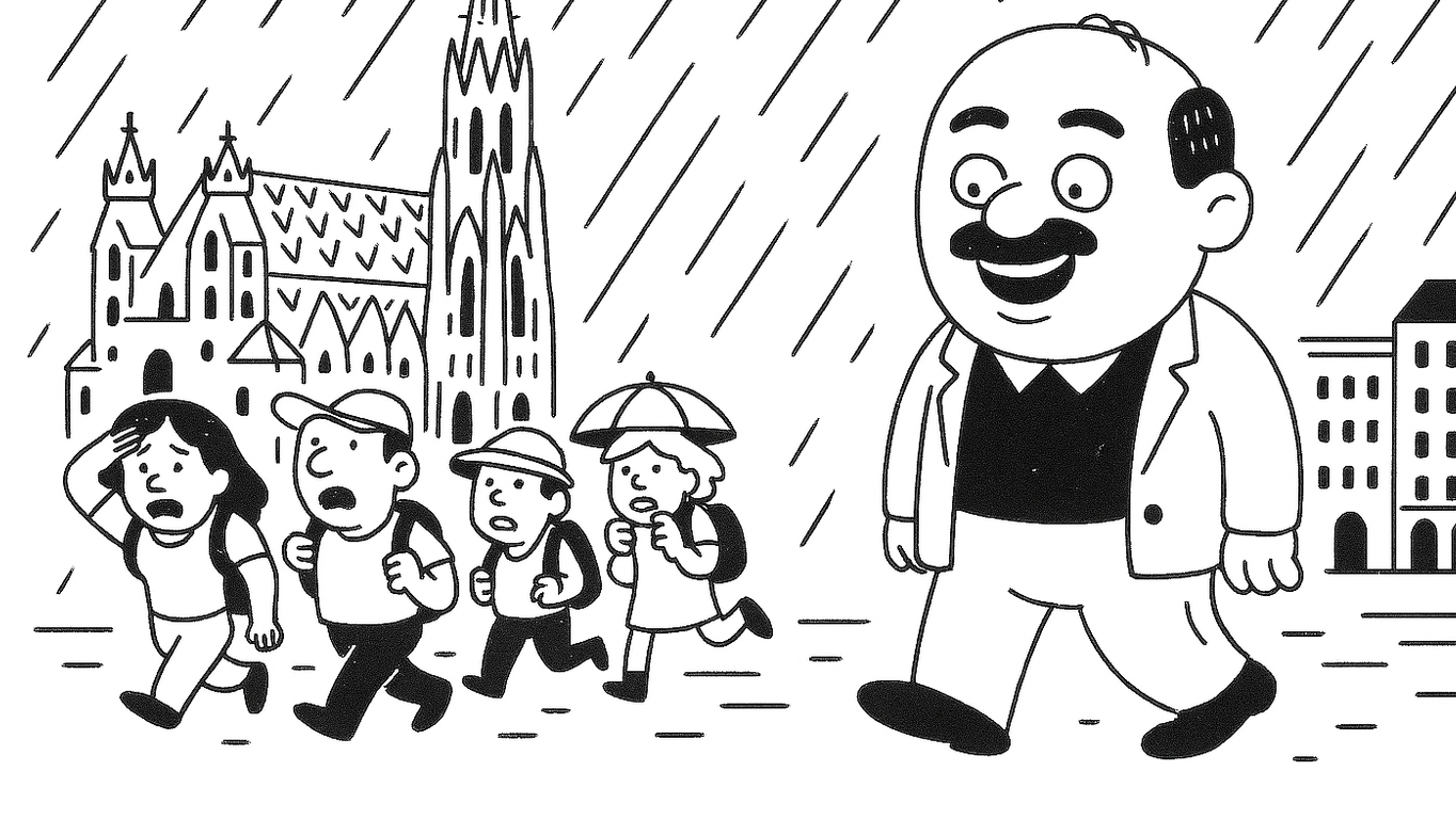 Komischer Kauz: Herlicek lacht, während Touristen vor einem Regenguß fliehen.