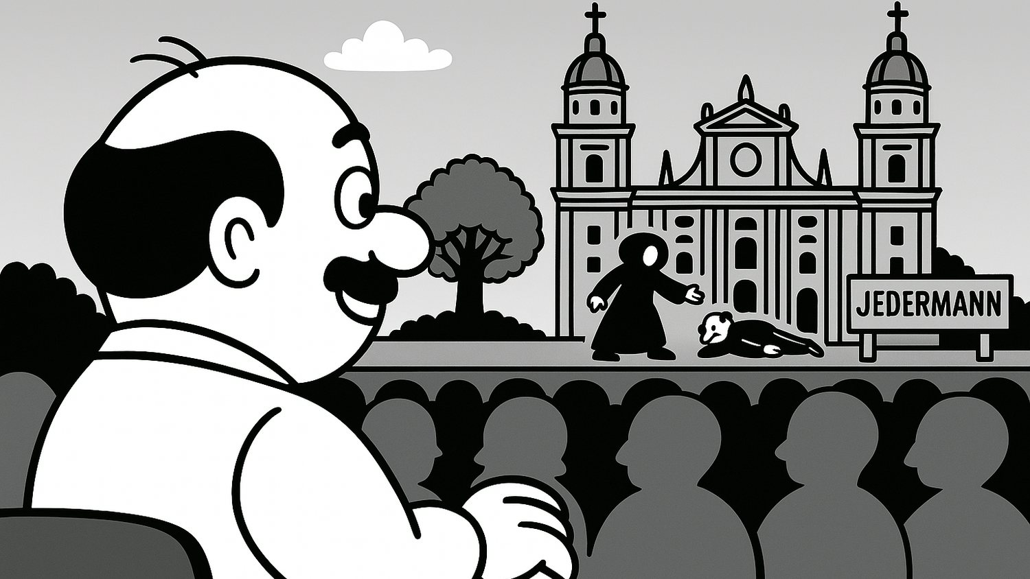 Komischer Kauz: Herlicek lacht, während der Jedermann auf der Bühne vom Tod geholt wird.