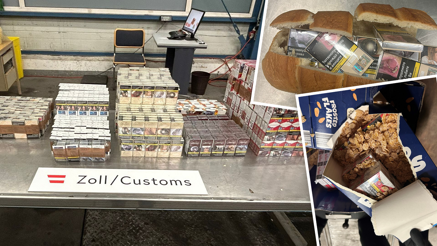 Schmuggler versuchten Zigaretten in Brotlaiben und Lebensmittelverpackungen über die Grenze zu bringen.