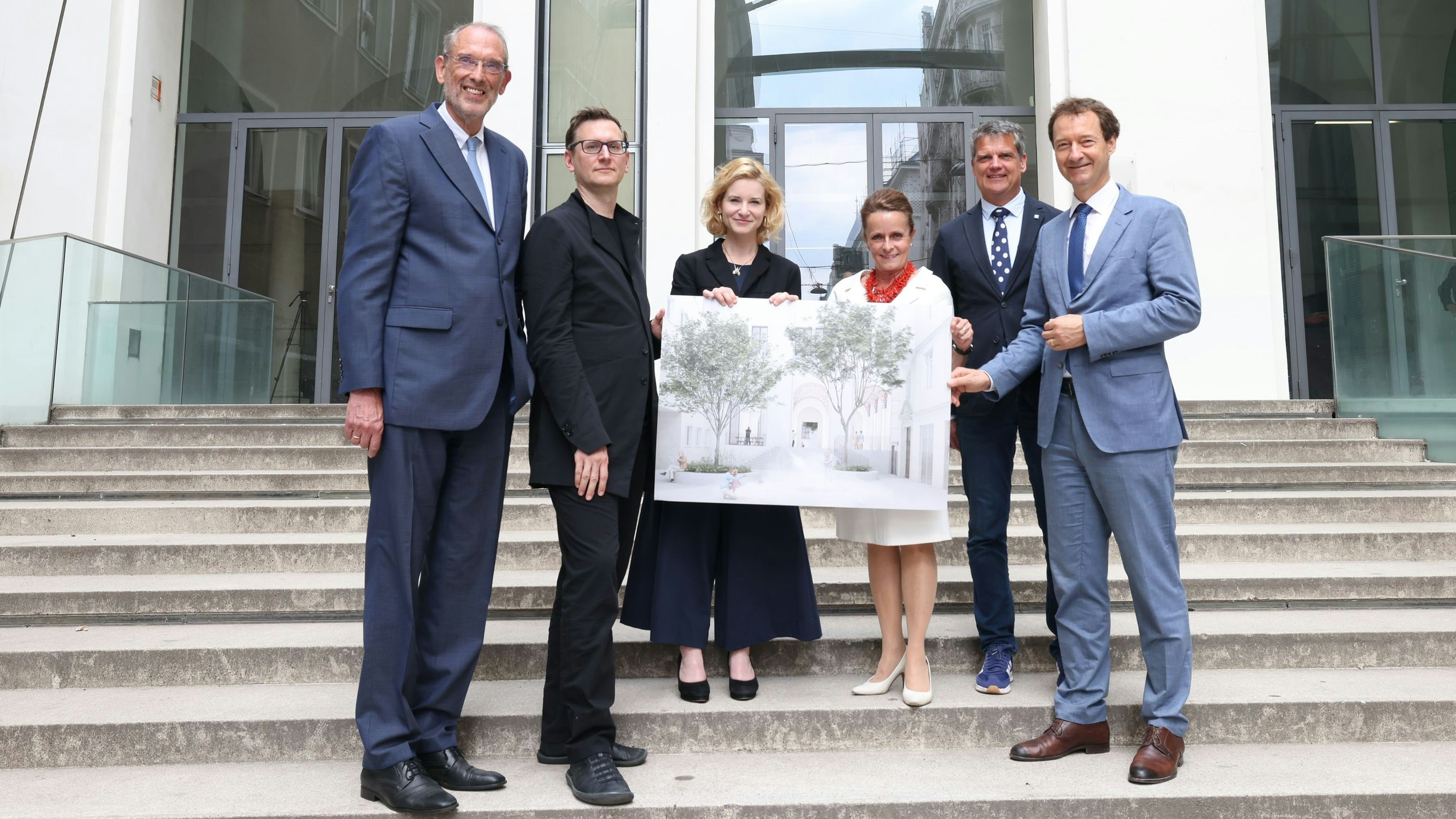 ÖAW-Präsident Heinz Faßmann, Projektleiter Christopher Lindinger, Wissenschaftsministerin Eva-Maria Holzleitner, BIG-GF Christine Dornaus, Uni-Rektor Jens Schneider und Vizerektor Ronald Meier.