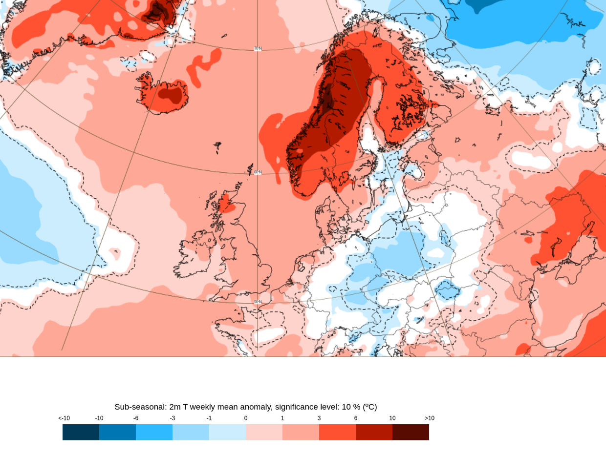 Wöchentliche mittlere Anomalien der Lufttemperatur in Skandinavien (14. bis 21. Juli 2025)