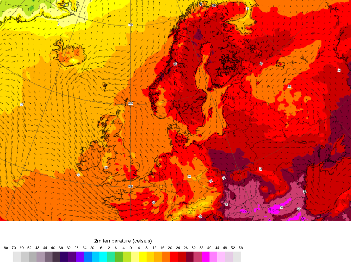 Die Temperatur- und Windprognose für Montag, 15 Uhr UTC, in Nordeuropa.