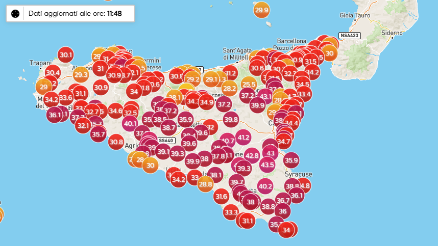 Die aktuellen Messwerte auf Sizilien, 11.48 Uhr am 22. Juli 2025.