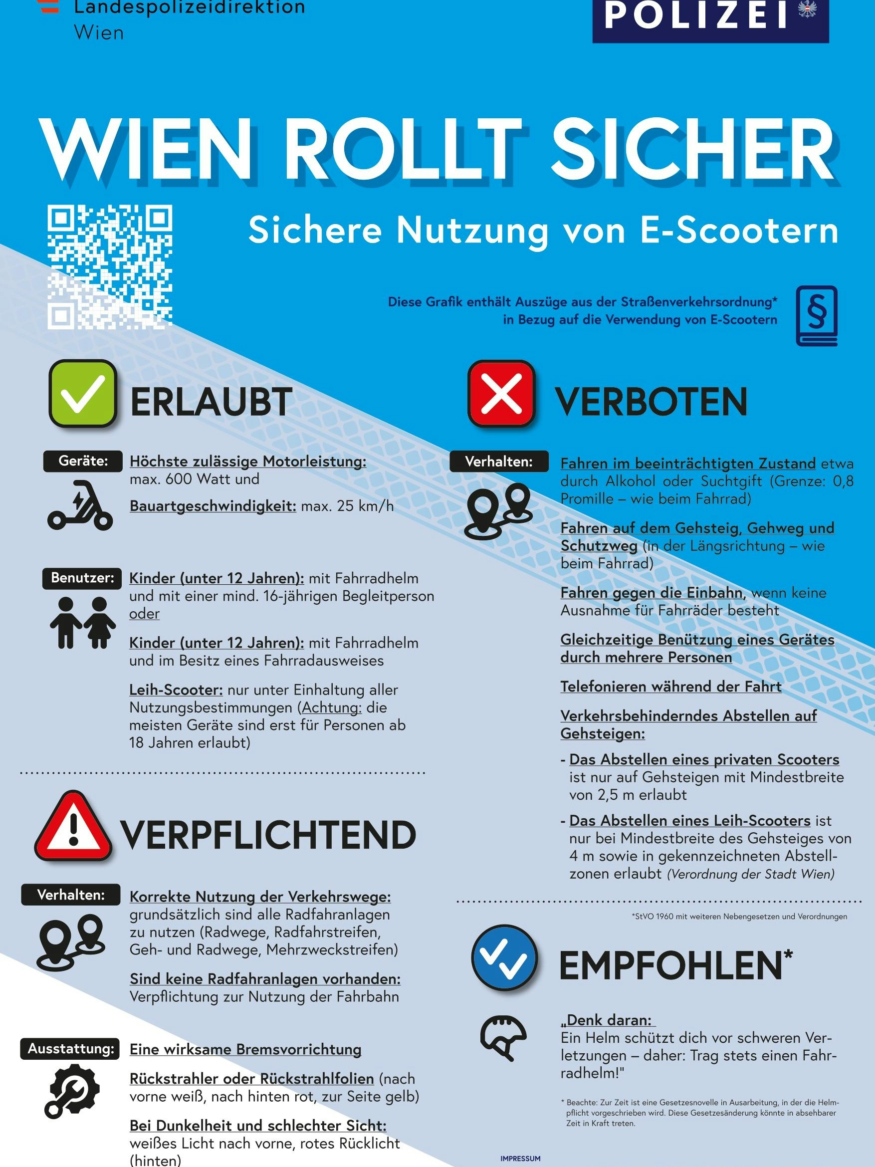 Die Wiener Polizei weist auf die sichere Nutzung von E-Scootern im Straßenverkehr hin.