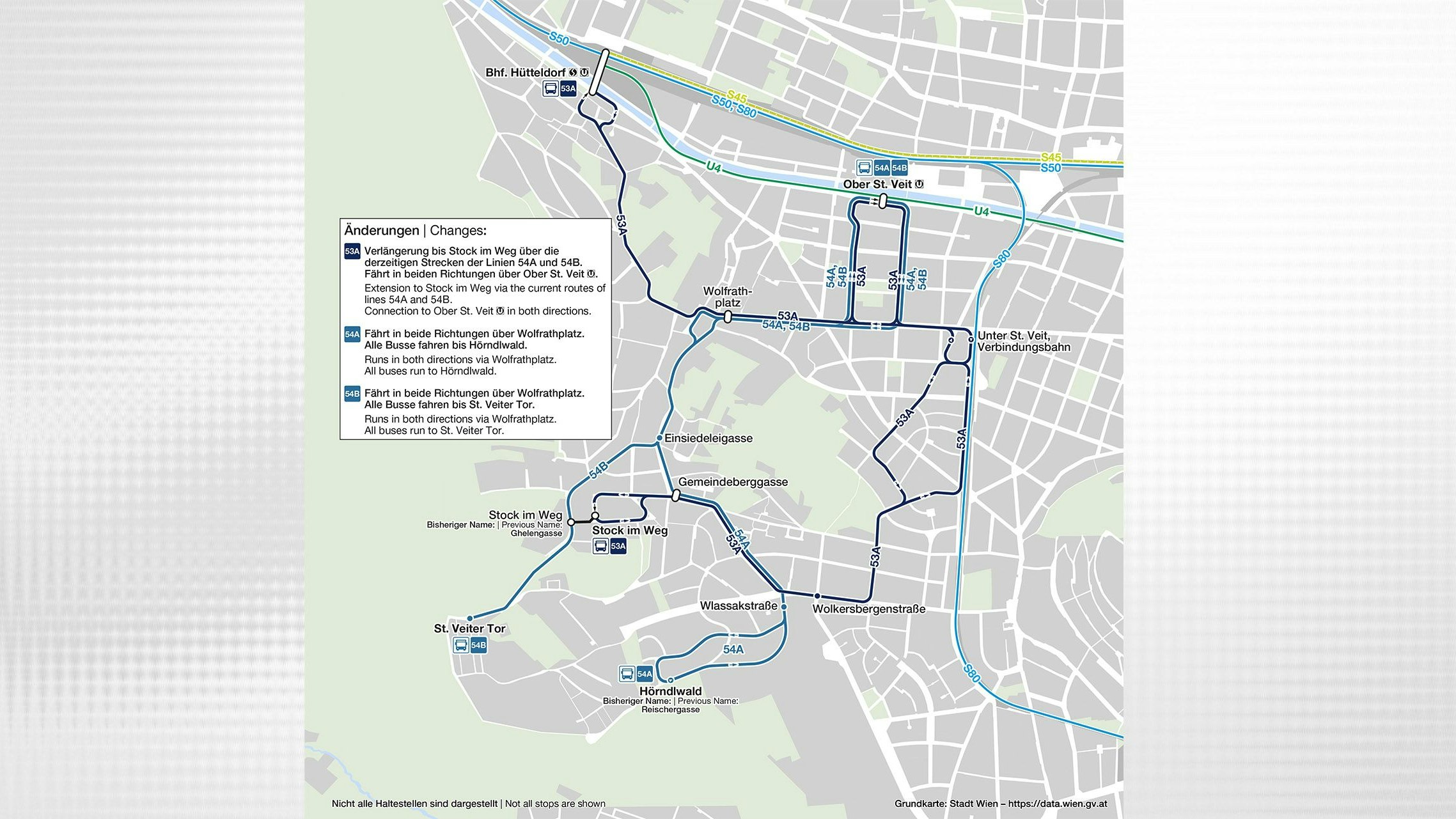 Die geänderte Linienführung für die Busse 53A, 54A und 54B.