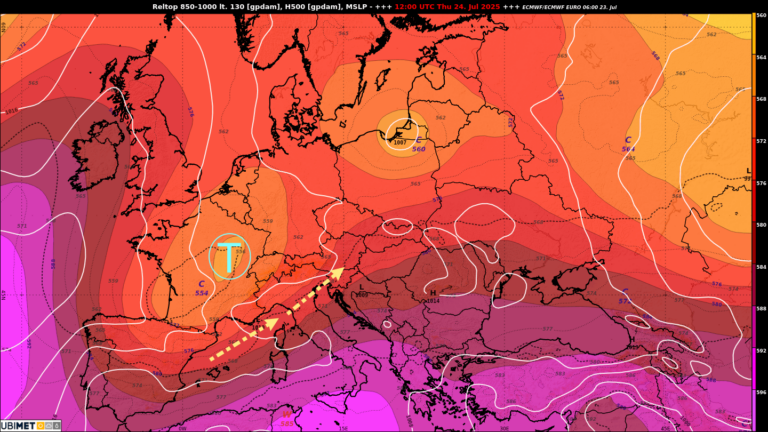 Großwetterlage am Donnerstag, dem 24.07.2025 nach dem ECMWF-Modell. Im Vorfeld eines Tiefs über Frankreich wird sehr energiereiche und gewitteranfällige Luft in den östlichen Alpenraum geführt.
