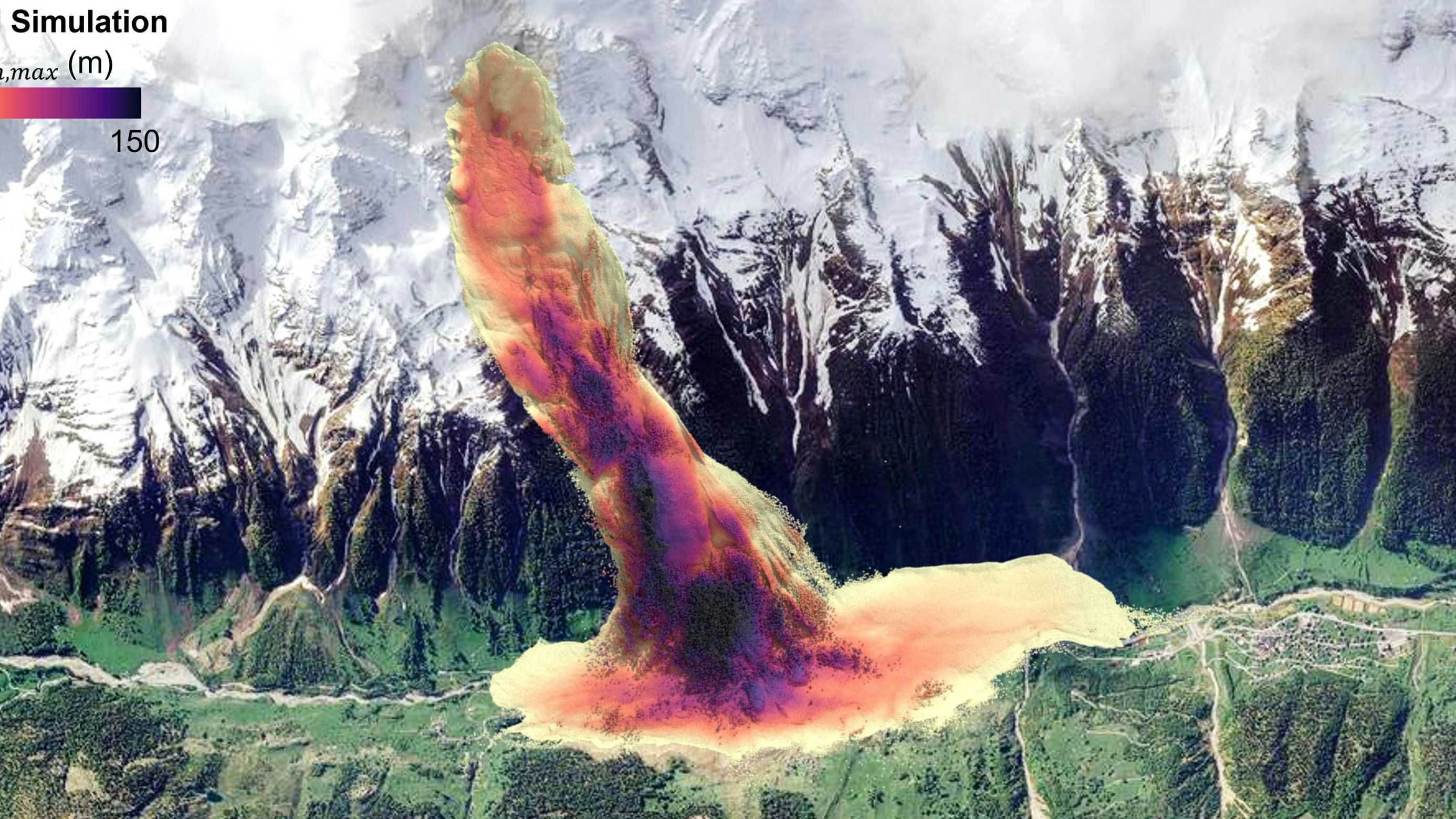 ETH und SLF-Forschende haben ein neues 3D-Modell entwickelt, das zum Beispiel den Abgang und die Ausbreitung des Fels- und Eissturzes bei Blatten präzise abbildet – und auch die Eis- und Steinteile berücksichtigt, die durch Stoßwellen durch die Luft geschleudert werden.