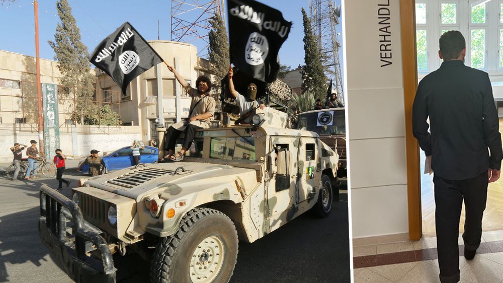 Links: IS-Kämpfer mit Fahnen und gepanzertem Fahrzeug – solche Szenen fanden sich auch in den geposteten Inhalten. Rechts: Der Angeklagte (26) auf dem Weg in den Verhandlungssaal des Wiener Landesgerichts.