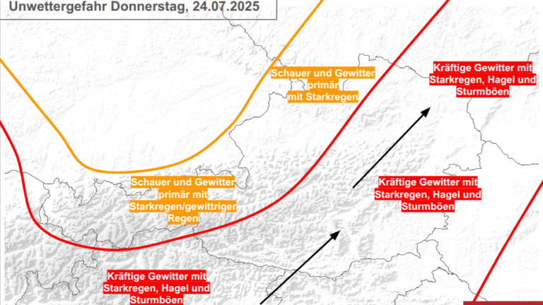 Unwettergefahr in Österreich am Donnerstag, dem 24.07.2025