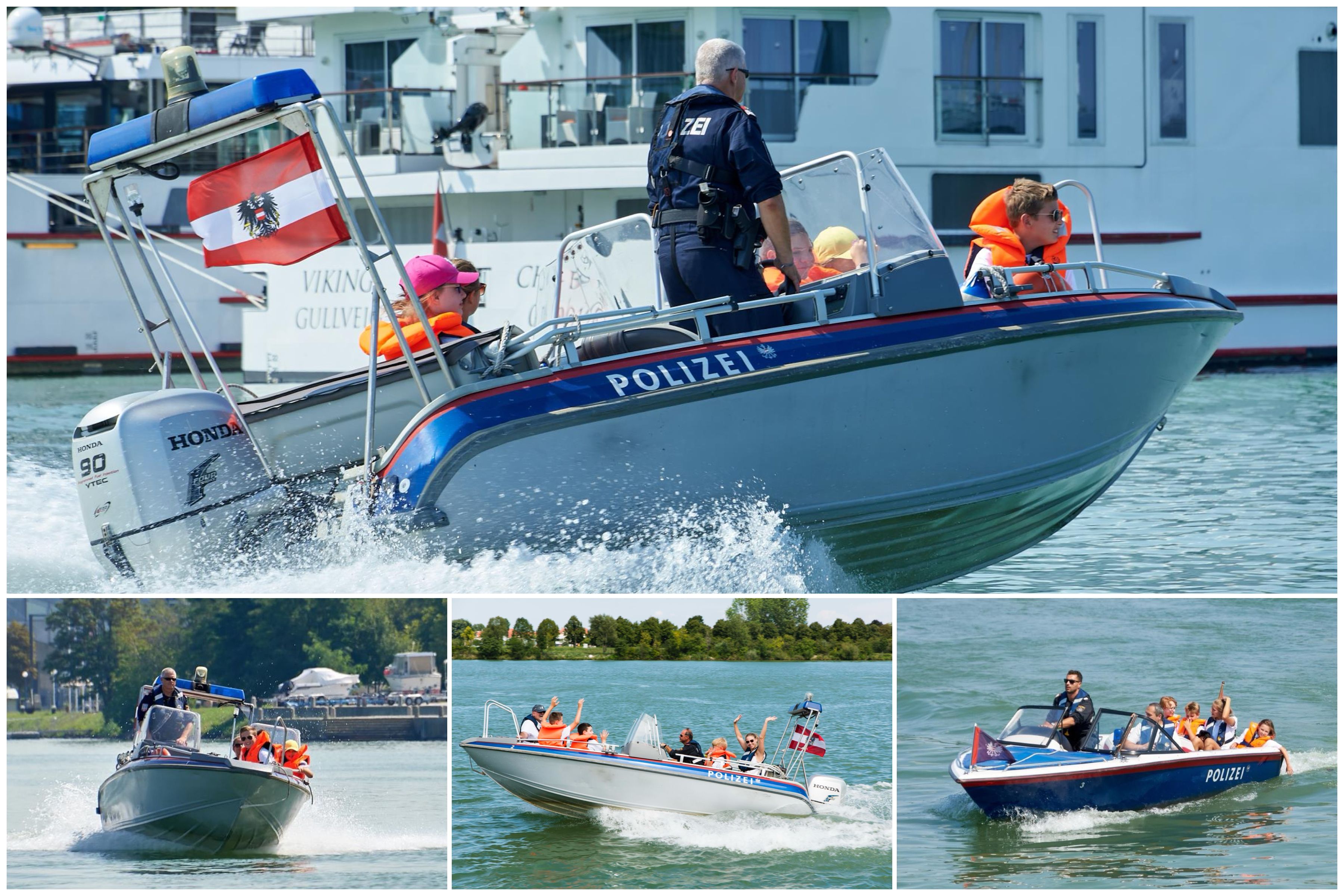 Mutprobe mit Blaulicht: Kinder drehen mit der Wiener Wasserpolizei auf der Donau eine spritzige Runde.