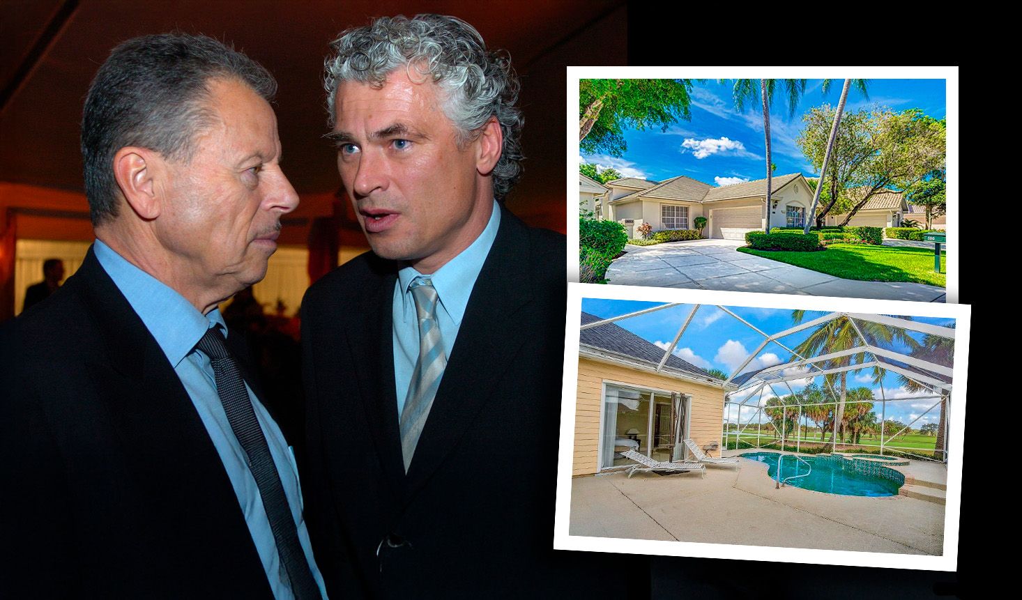 Skender Fani mit Toni Polster; rechts Bilder zweier schmucken Immobilien an exklusiven Adressen im südlichen Florida (USA), die Fani zugerechnet werden.
