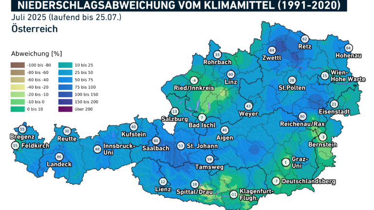Abweichung der Niederschlagssumme vom Klimamittel im Juli 2025 (bis zum 25.07.)