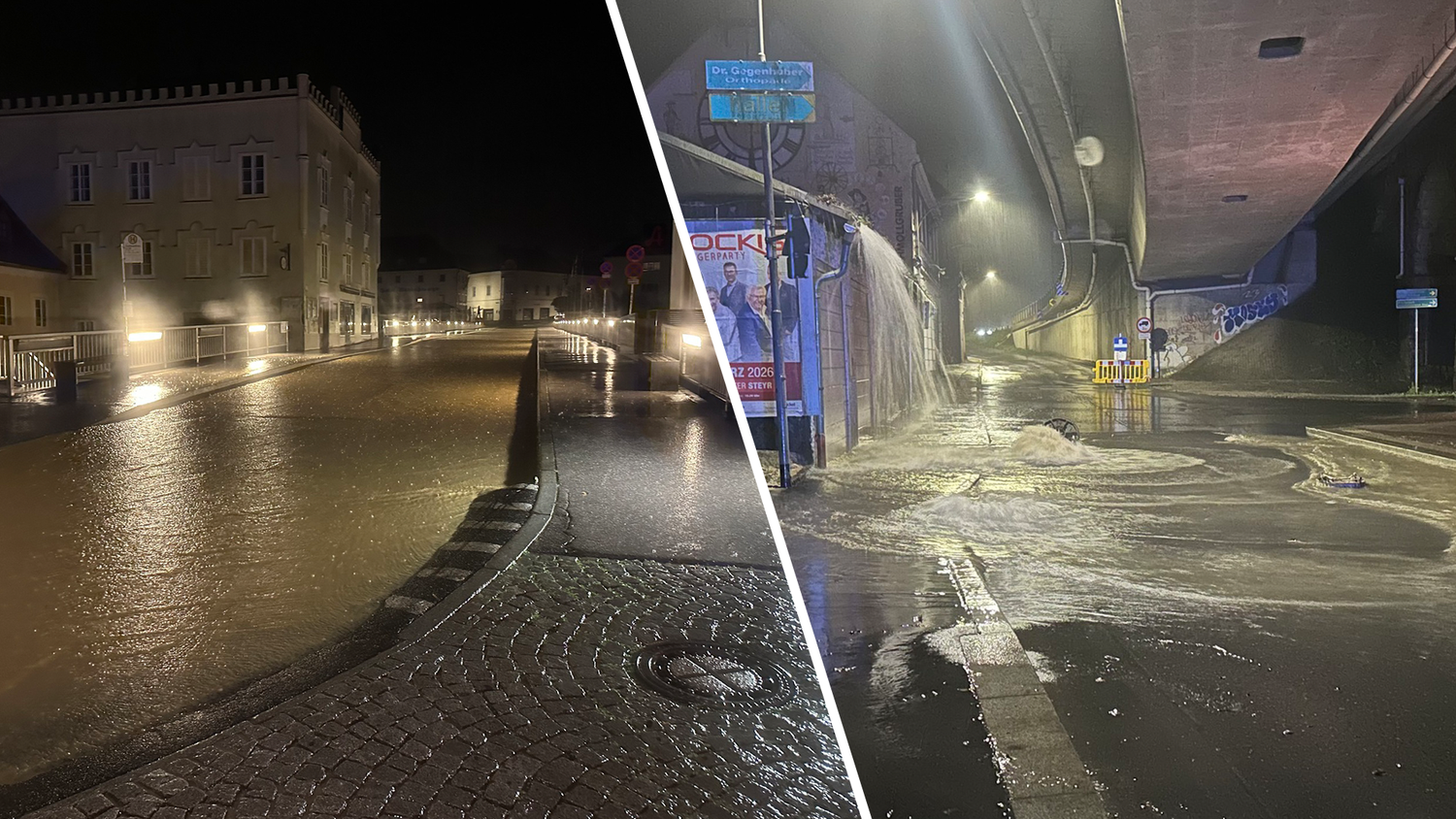 Überflutete Straßen: Die Feuerwehr war in Steyr seit 1 Uhr im Dauereinsatz.